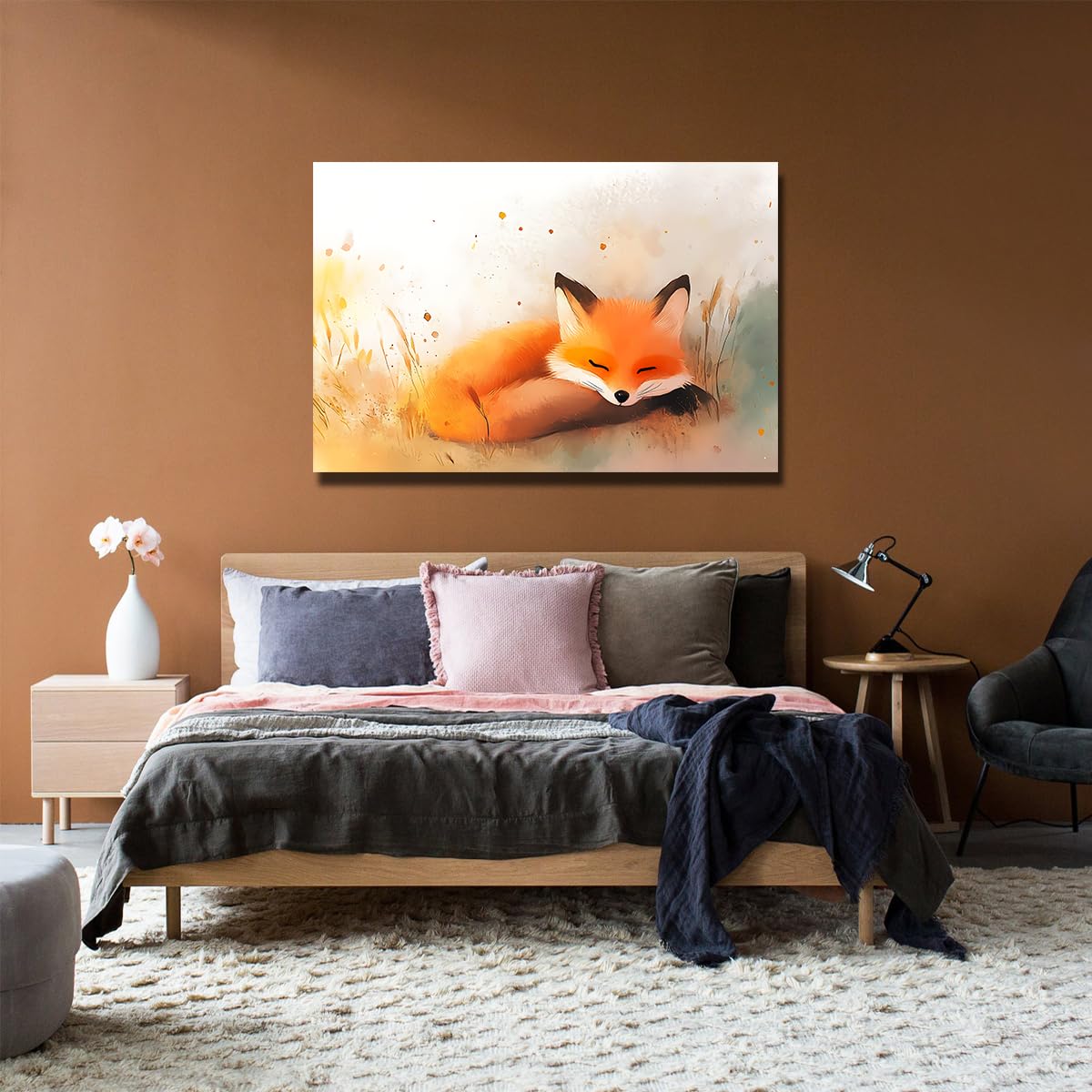 CHERHERART Portraits d’animaux rouges Œuvres d’art imprimées Décoration intérieure Toile Peinture murale Peintures mignonnes de renard endormi Affiche pour chambre de bébé 80x135cm sans cadre