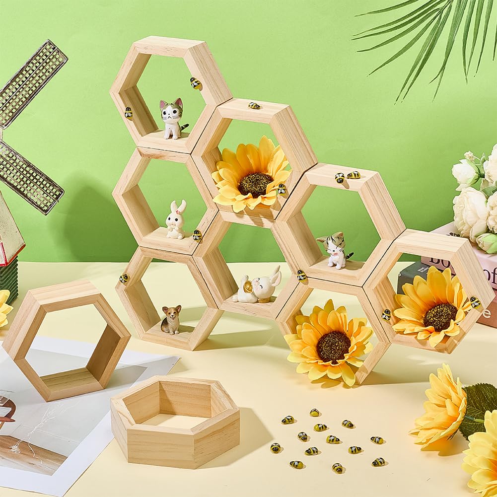 OLYCRAFT 14 soportes para cupcakes de nido de abeja hexagonales con 50 abejas pequeñas de madera y 30 pegatinas de doble cara para decoración de mesa, bodas, fiestas de cumpleaños
