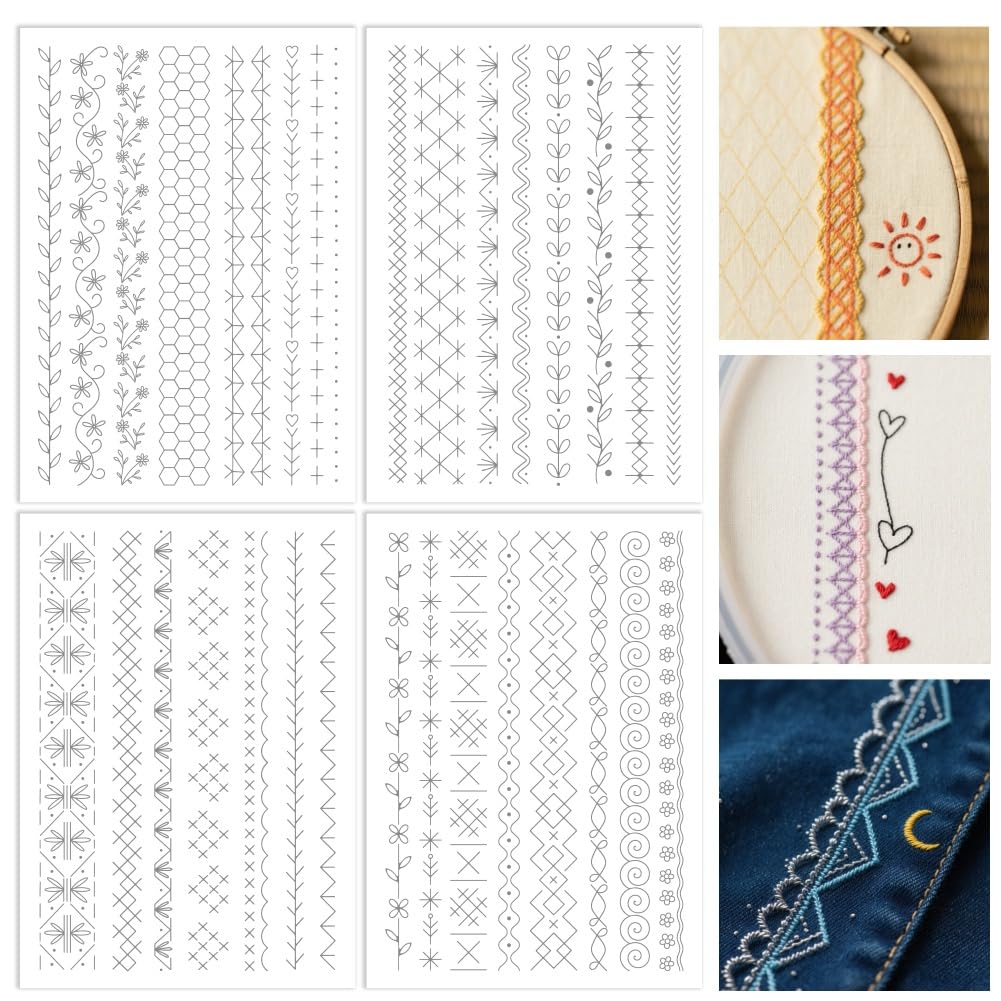 ORIGACH 4 Sheets Lace Borders Water Soluble Embroidery Patterns Stabilizers