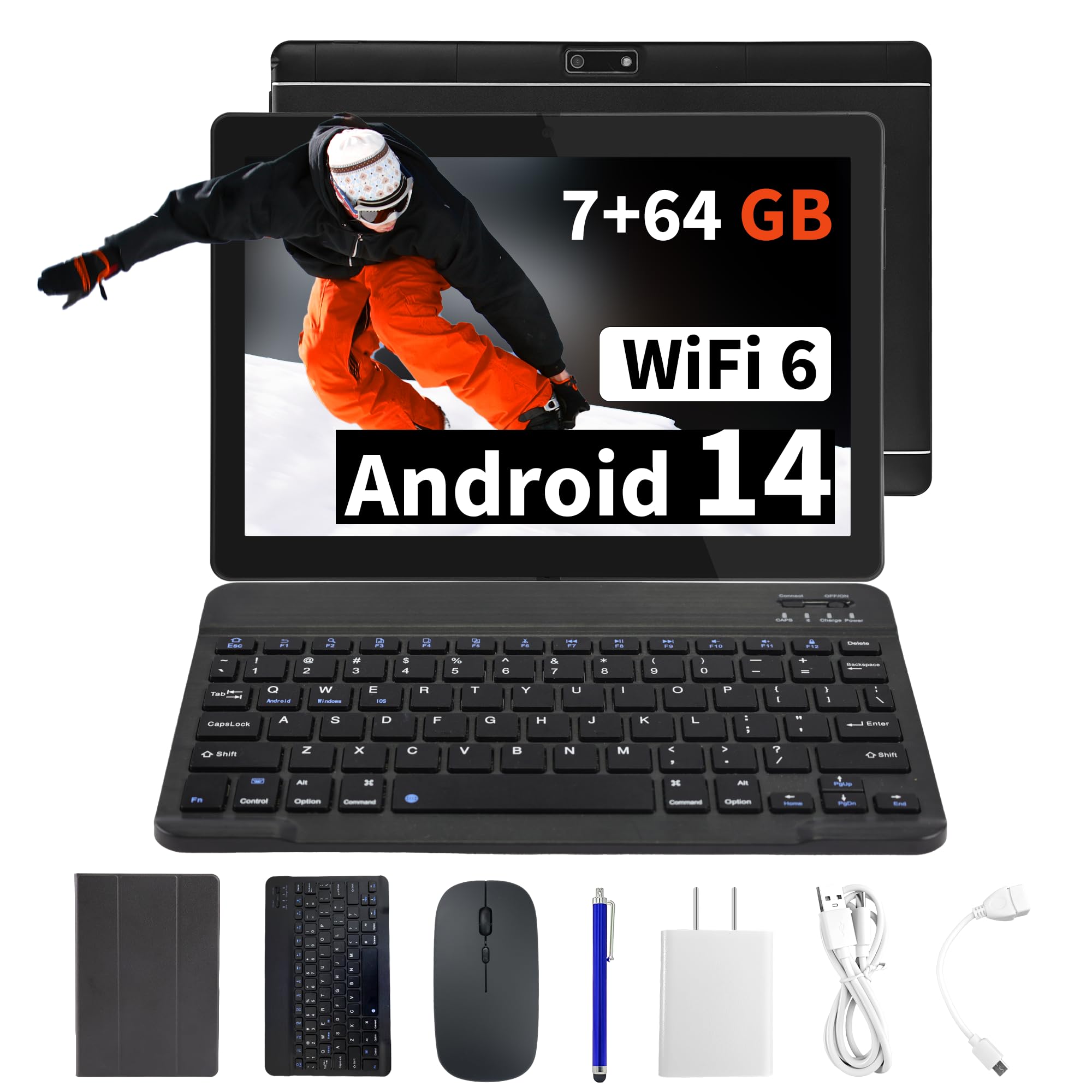 Veidoo Przenośny tablet z systemem Android 2 w 1 z klawiaturą, myszą i rysikiem, tablet 10,1-calowy ekran IPS HD z 7 GB RAM (3 GB+4 GB) 64 GB ROM, z możliwością rozszerzenia do 512 GB, procesor