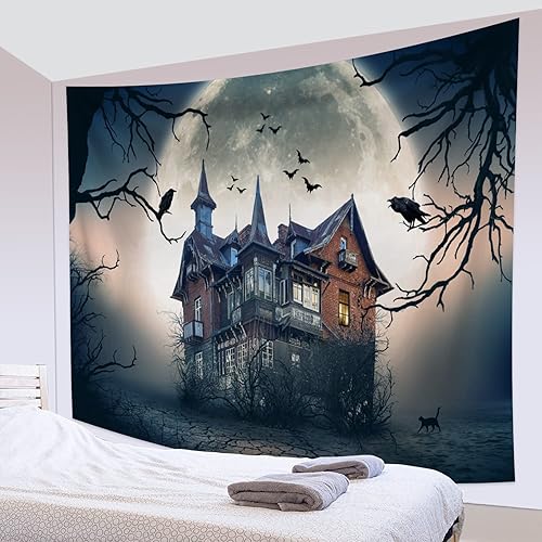 Miniatura 5 de Tapiz de Halloween de terror para colgar en la pared, tapiz de casa cazada, murciélagos y cuervos en luna llena, tapiz de pared de castillo