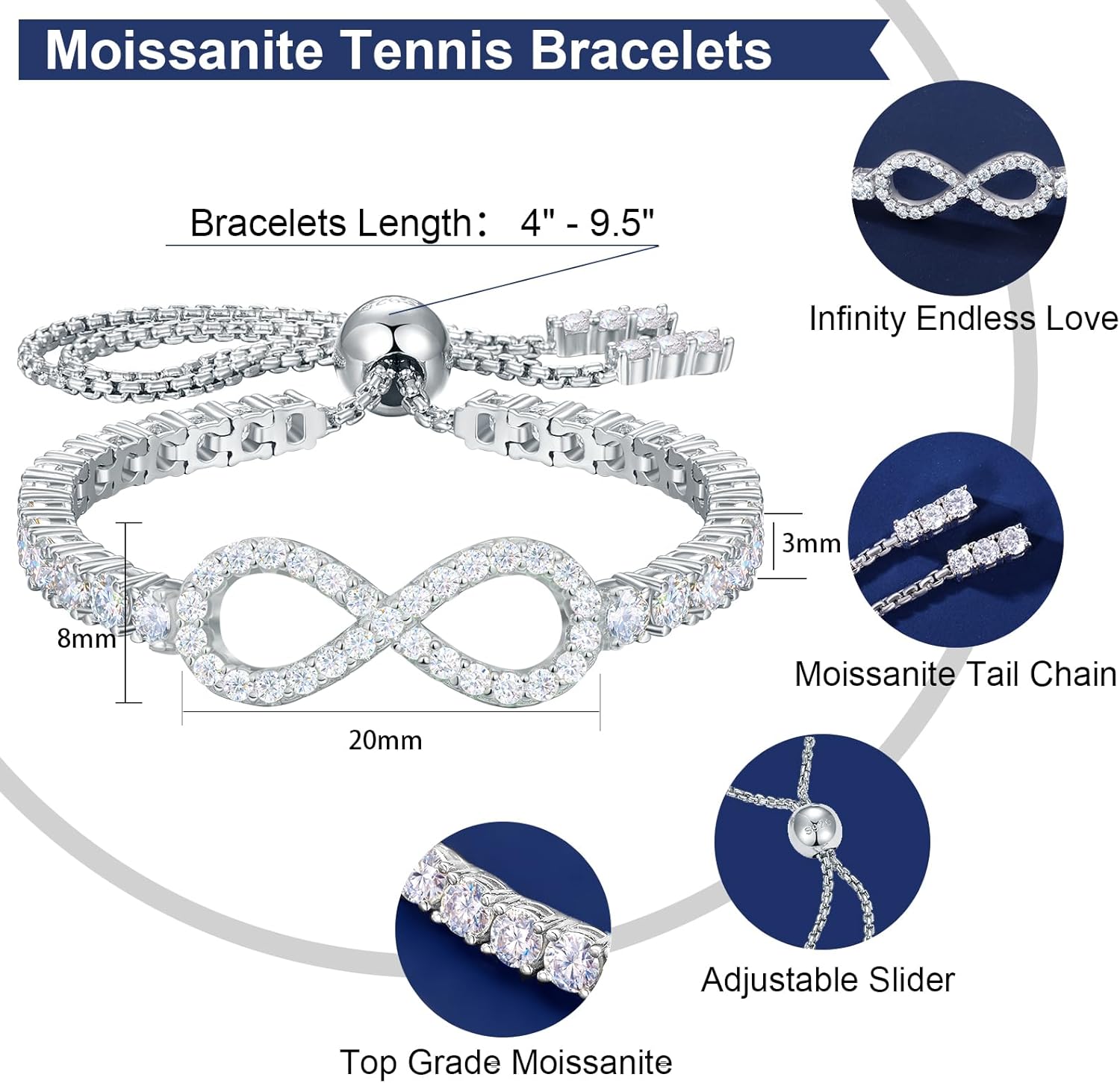 Moissanite Tennis Bracelets For Women, S925 Sterling Silver Infinity Bracelet, 3MM ... - Image 3