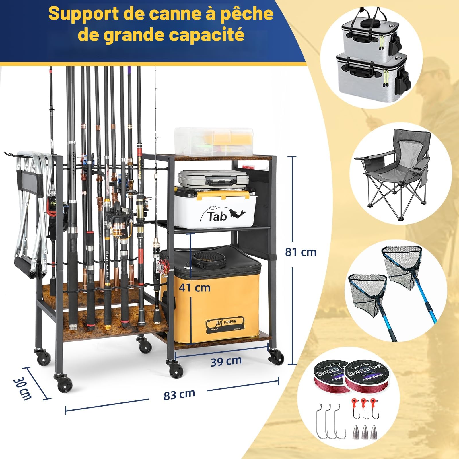 Bikoney Chariot de Rangement pour Cannes à Pêche 12 Supports – Porte-Cannes Mobile avec Roulettes, Organisateur d’Équipement de Pêche pour Garage, Maison ou Atelier, Idée Cadeau pour Homme