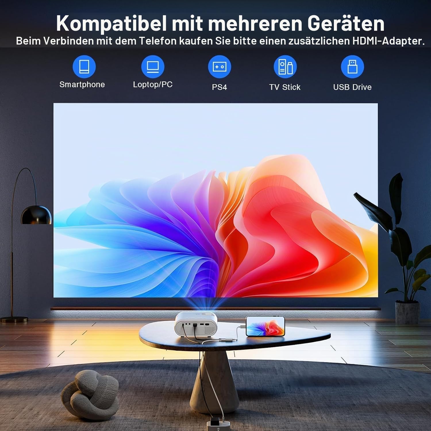 Mini Projektor mit Stativ, 12000L Kleiner Projektor Unterstützt Full HD 1080P, 50% Zoom, ±15° Trapezkorrektur, Handy Kompatibel mit HDMI, USB, AV