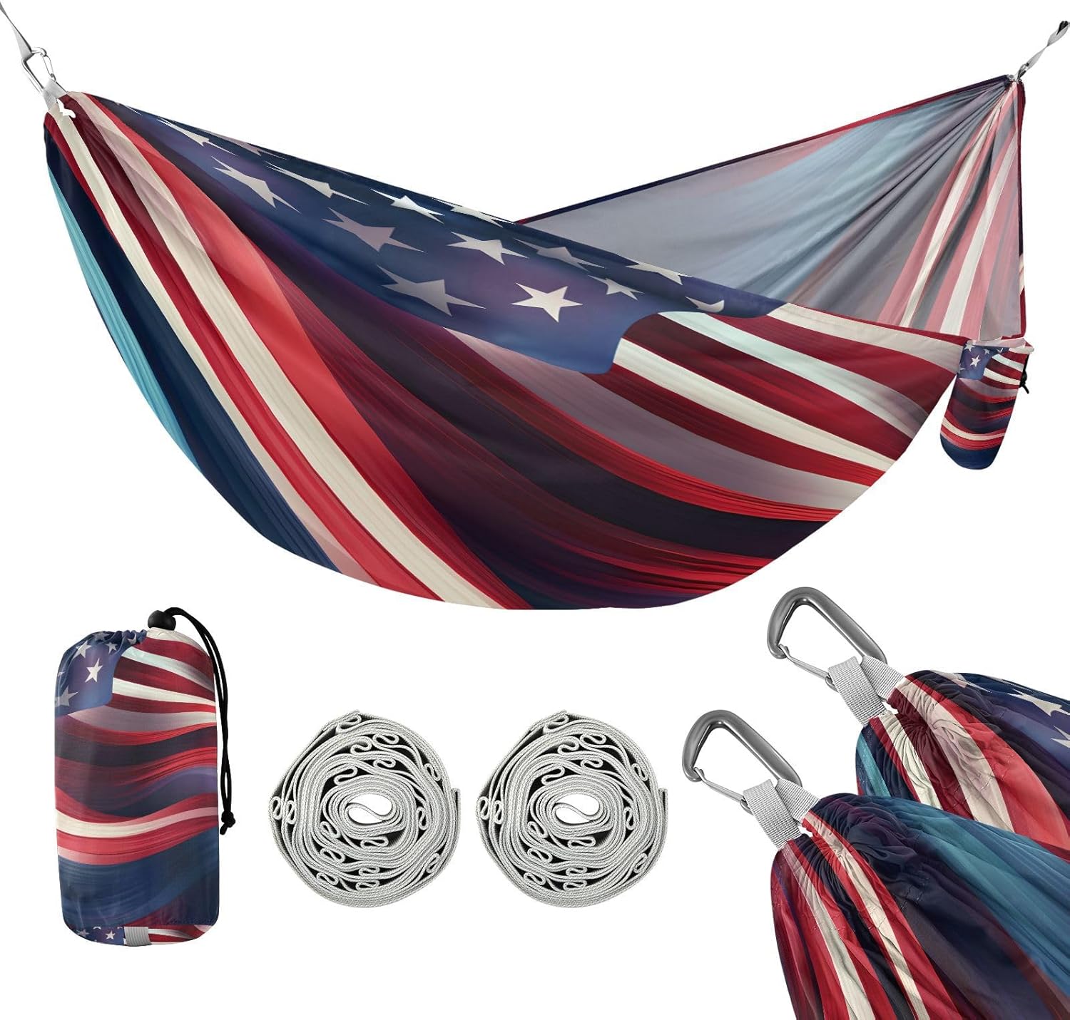 Camping Hammock Lightweight - 350lbs Portable Hammock with 2 Tree Straps and Attached Carry Bag,Great for Travel/Backpacking/Beach/Backyard - Single or Double - American Flag 1