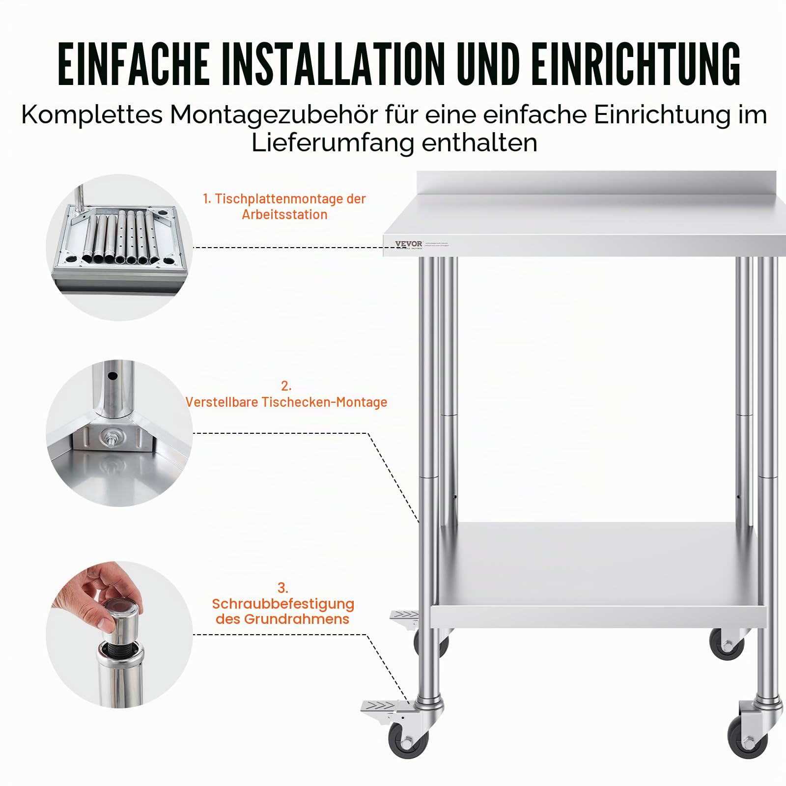 VEVOR Edelstahl Arbeitstisch Küche, kommerzieller Lebensmittelzubereitungs Küchetisch mit Rollen, 61 x 76 x 100 cm