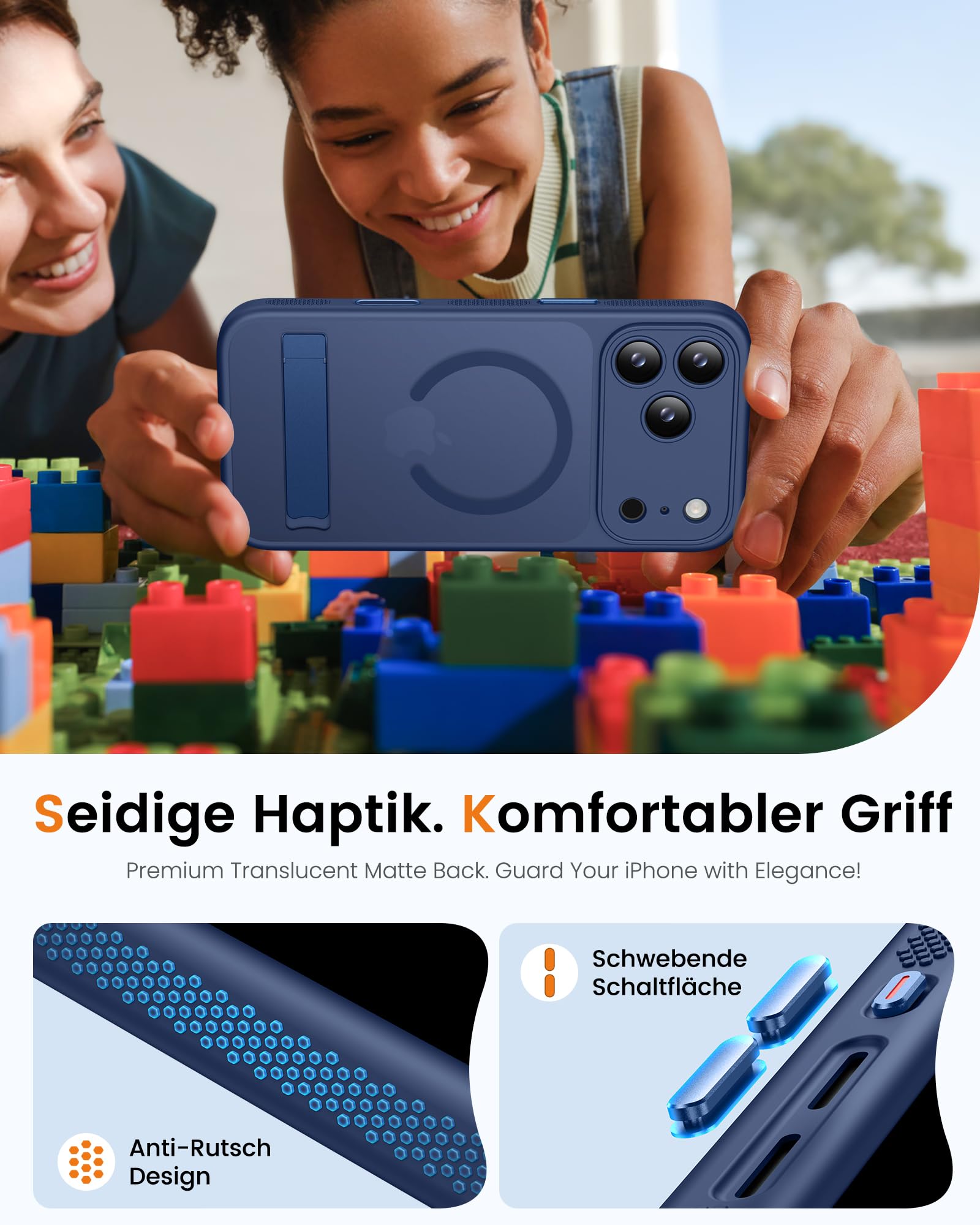 Coque Fine pour iPhone 17 Pro Max, Protection Militaire, Compatible avec MagSafe, Coque avec Béquille, Protection Camera, Bouton Camera Control, Housse Translucide Mat iPhone 17 Pro Max, Bleu