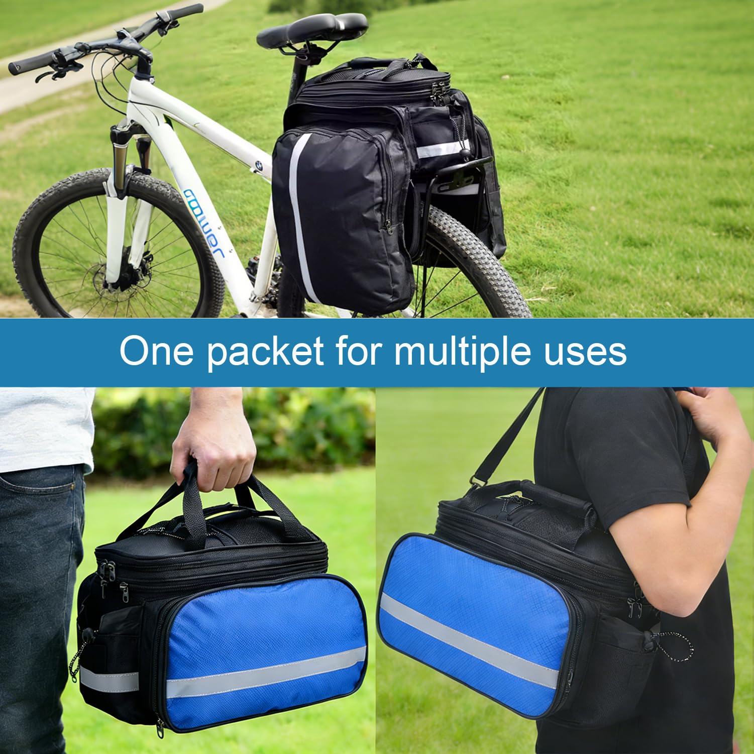 Borsa per portapacchi da bicicletta, 10-27 l, espandibile, impermeabile, in Oxford 600D, con parapioggia e tracolla, per e-bike, MTB e city bike (blu)