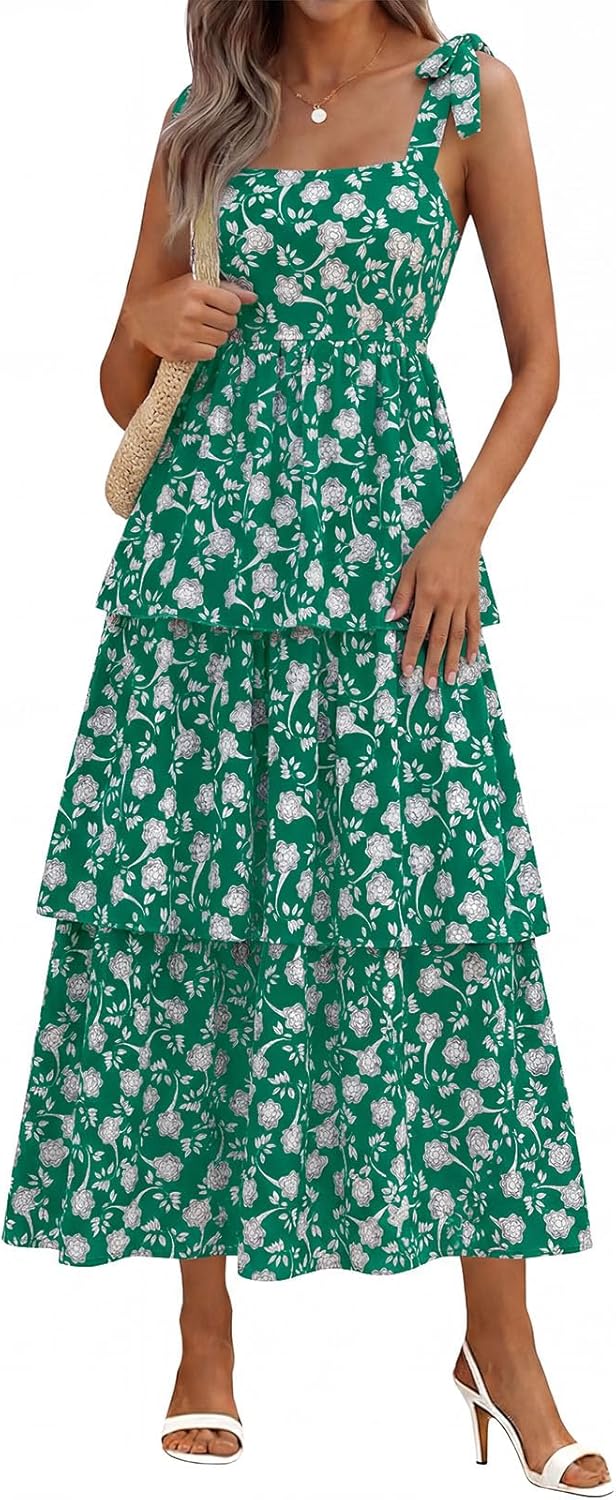 Wenrine Womens Summer Floral Maxi Dress Casual Tie Strap Sleeveless Ruffle Tiered Smocked Loose Boho Beach Dresses