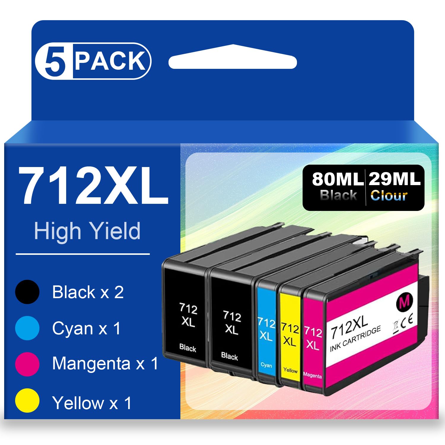 5 Pack 712XL Ink Cartridges Replacement 712 Ink Cartridge 80ml Remanufactured for HP DesignJet T650 T630 T250 T230 T210 Studio Plotter Printer(2X
