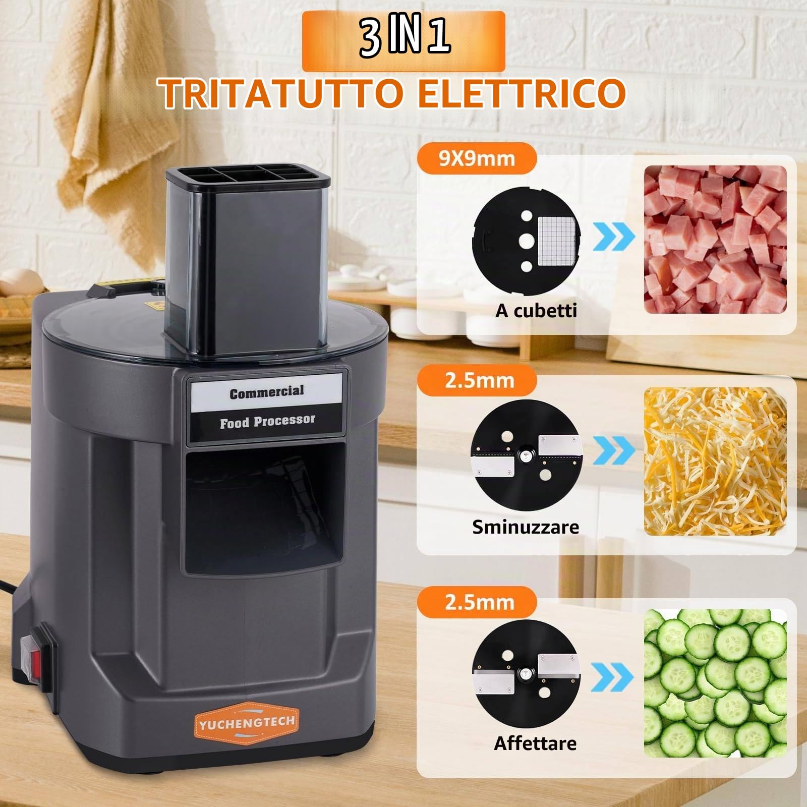 Tritaverdure Elettrico 3 in 1 - Cubettatrice per Frutta e Verdura Professionale Multifunzionale, Robot da Cucina con Lame in Acciaio Inox per affettare, Tagliare a cubetti, tritare