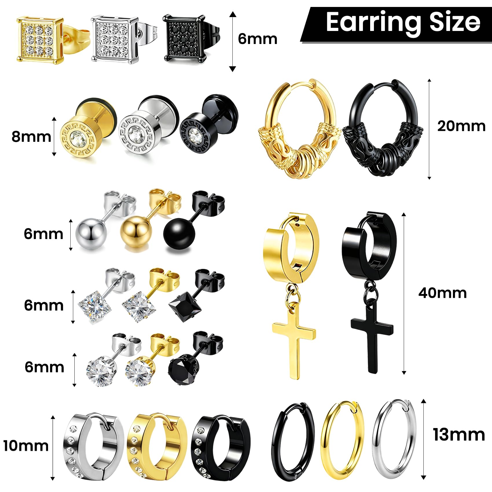 25 Pairs Earrings Set for Men and Women, Black Silver 14K Gold-Plated Mixed Earring Studs Kit Fashion Ear Piercing Jewelry Cross Dangle Hoop