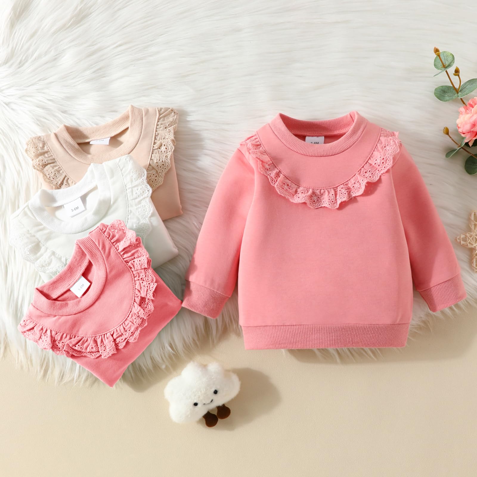 Yanmucy Sweatshirt pour Bébés Filles Vêtements Coton à Volants et Dentelle Sweatshirts Crewneck à Manches Longues Jumper Top Décontracté (FR/ES, Âge, 12 Mois, 18 Mois, Beige)