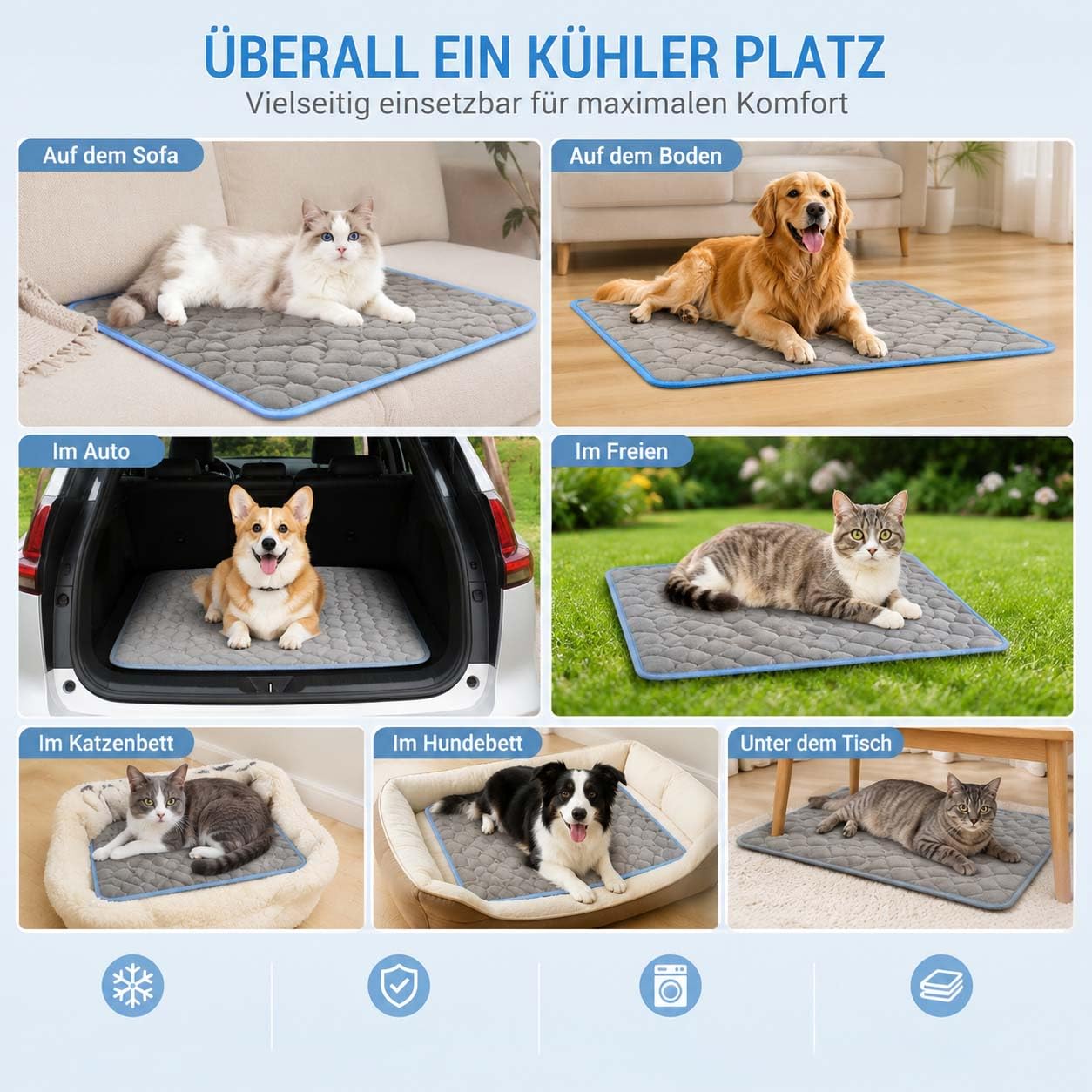 Leyof KüHlmattе Katze Ohne Gel, KüHlmattе Ohne Gel Katze, 4 GrößEn – Geeignet FüR Katzen & Hunde; Waschbare, rutschfeste KüHlmatte Aus Eisseide FüR Den Innen & AußEnbereich (Grau,M)