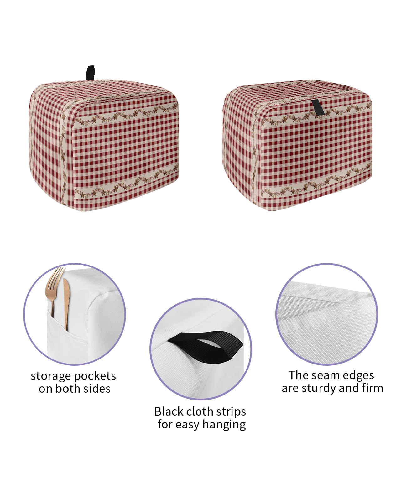 Country Star Berry Red Buffalo Plaid Soft Washable 4 Slice Toaster Dust Cover with Pockets, Dust-proof and Fingerprint Protection