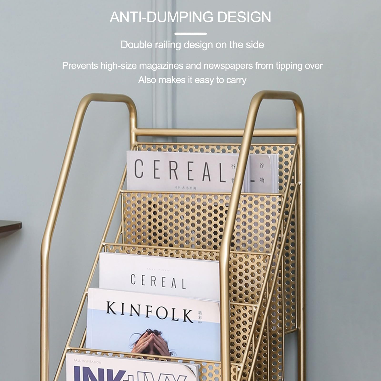 Prospektständer im Hochformat, 5 GroßE Taschen Iron Zeitschriftenständer Magazine Rack Stand, Prospekthalter für Menüs Prospeketen Katalogen Preiskarten(Black)