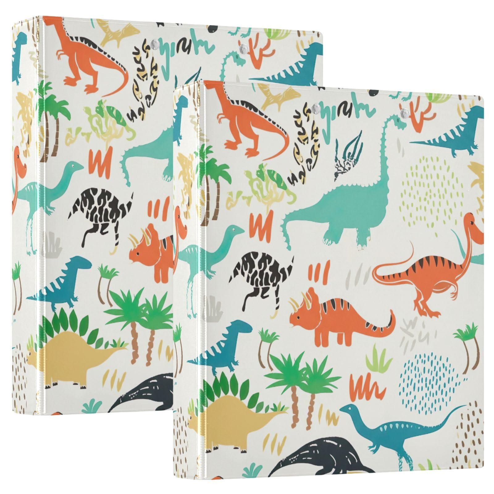 Confezione da 2 raccoglitori ad anelli con 3 anelli, motivo dinosauri, colorati, bianchi, con tasche, grandi, per scuola, università, ufficio