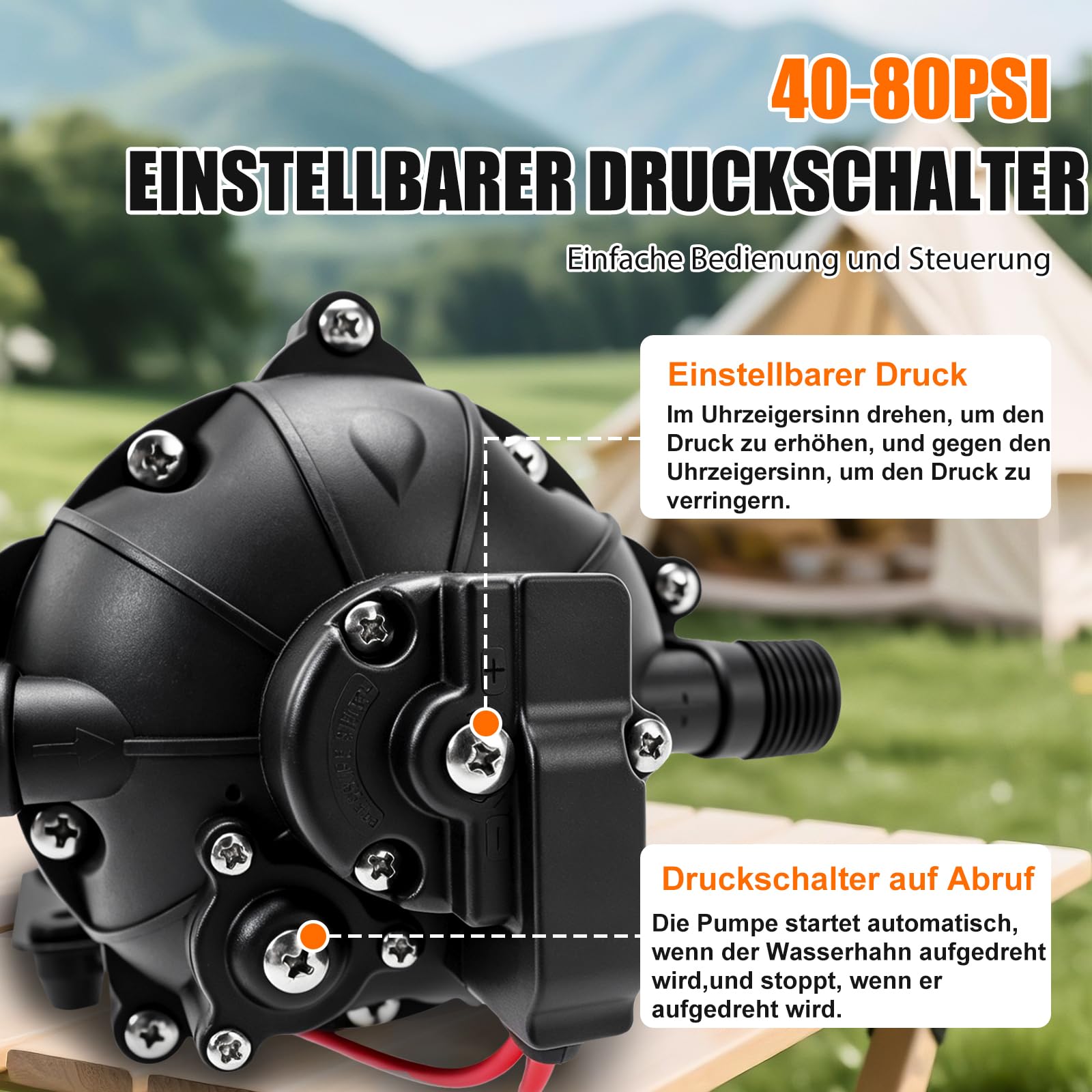 12-V-Membranpumpe, RV-Wasserpumpe, 5,0 GPM / 18,93 L/min, 70 PSI Wasserpumpe selbstansaugend mit Druckschalter, 1/2 Zoll MNPT-Anschluss, für Wohnmobil, Yacht, Imbisswagen, Camper, Marine