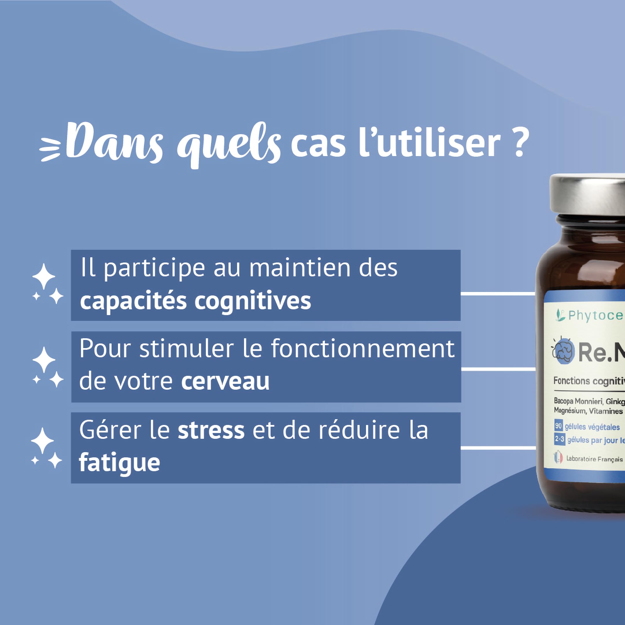 Bacopa Monnieri, Ginkgo Biloba Bio, Magnésium, Vitamine B12, B9, B1| Complément Alimentaire Anti Stress et Focus | Mémoire et Concentration | 90 Gélules Vegan Complement Fabriqué en France