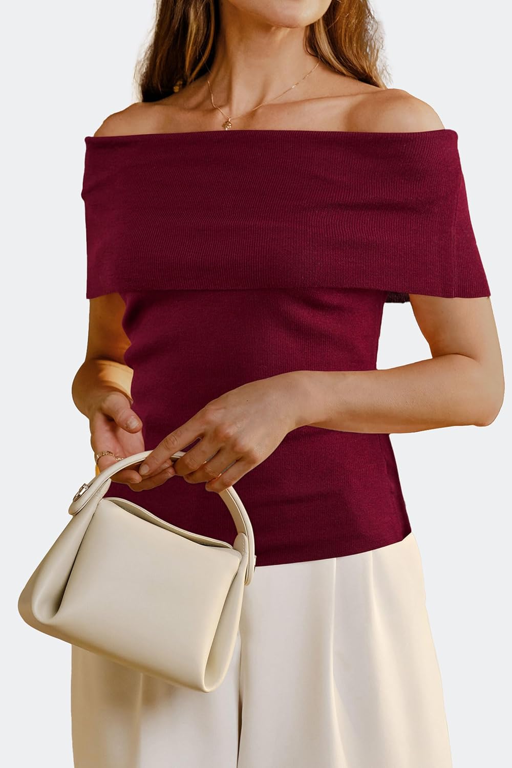 Arach&Cloz Women's Convertible Neckline Off-Shoulder Cowl Neck Slim Fit Tops 2025 - Image 3