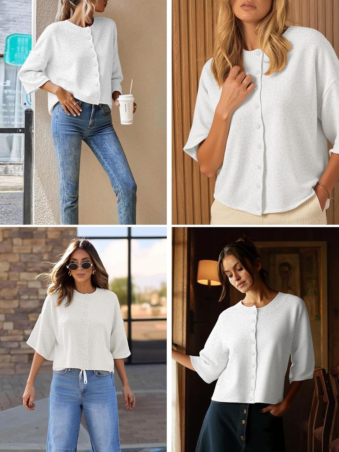 Saodimallsu Womens 3/4 Sleeve Cardigan Sweater Button Down Cropped Crewneck Cardigan 2025 Fall Casual Knit Tops