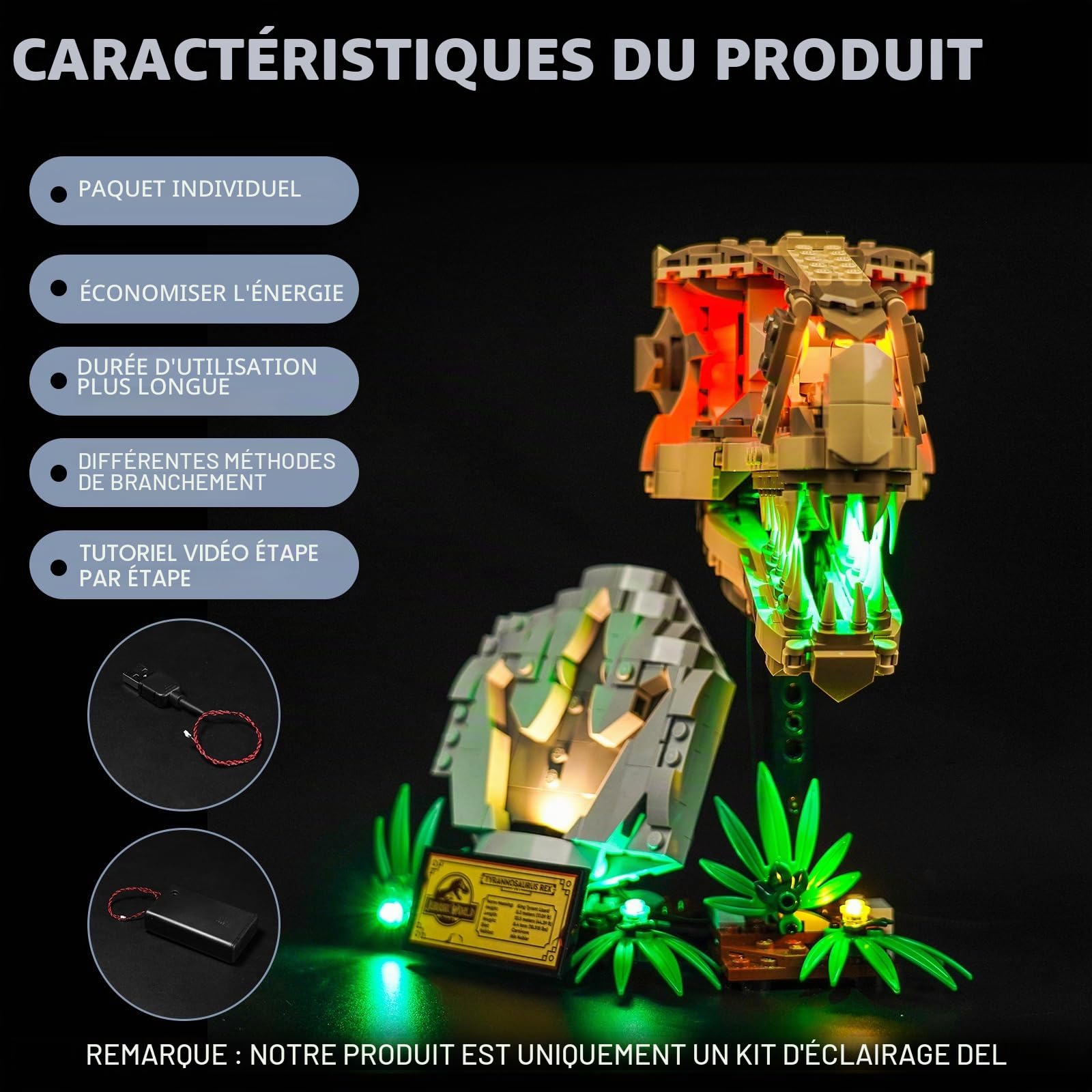 BrickBling Kit d'Éclairage LED pour Lego 76964 Dinosaur Fossils : T. Rex Skull - Éclairage Décoratif pour Crâne de T. Rex, Jouet Créatif (Pas de Lego Inclus)