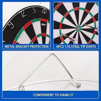GSE Games & Sports Expert 18 Regulation Size Steel Tip Dartboard Game Set. Excellent Bristle/Sisal, Paper Baseball, Bullseye, Dart Board Game Set (Several Styles Available)