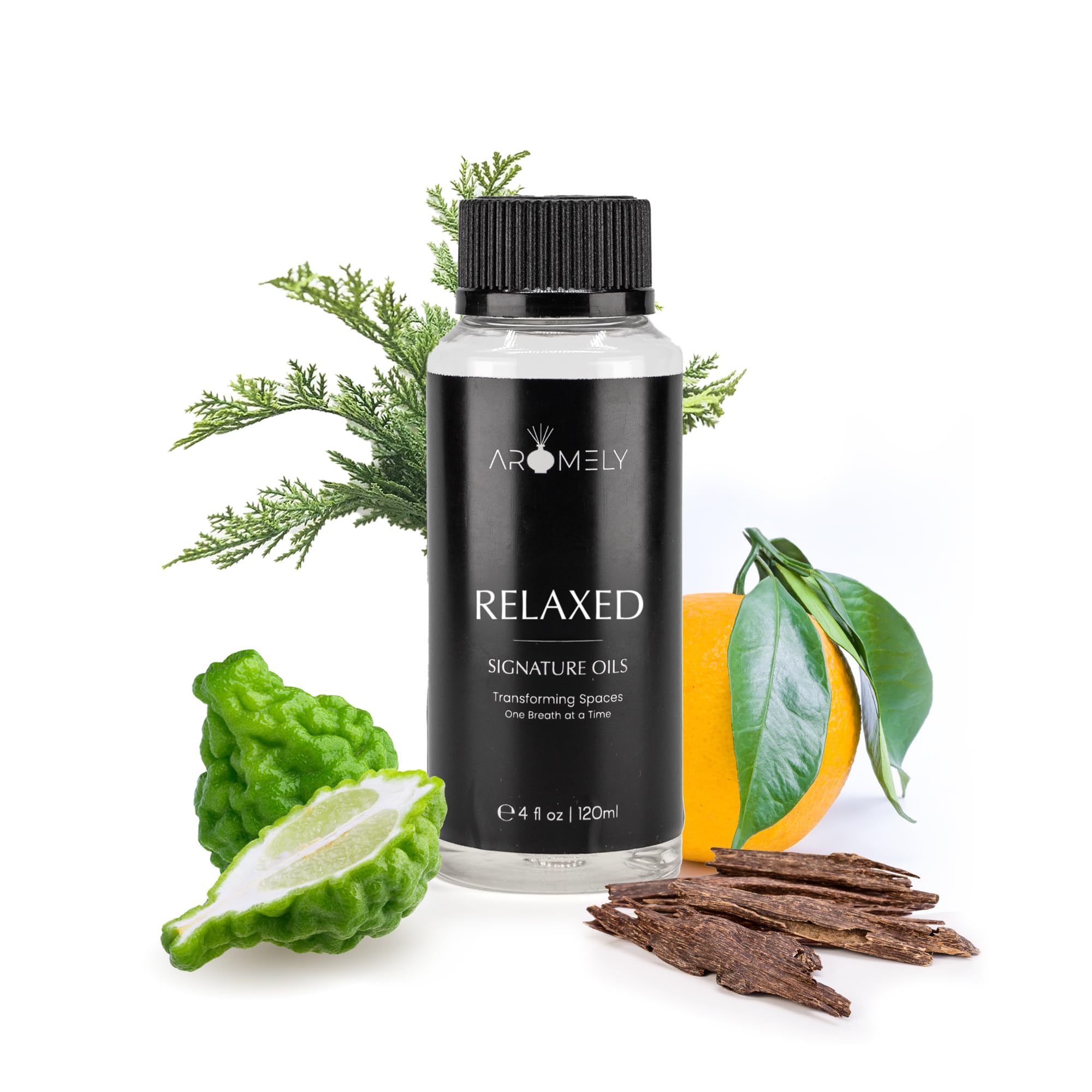 Relaxed by Aromely Essential Diffuser Oil Blend - Signature Diffuser Aroma Scent - Luxurious Fragrance with Notes of Cedar, Bergamot, Lemon, Orange and Agarwood (120ML)