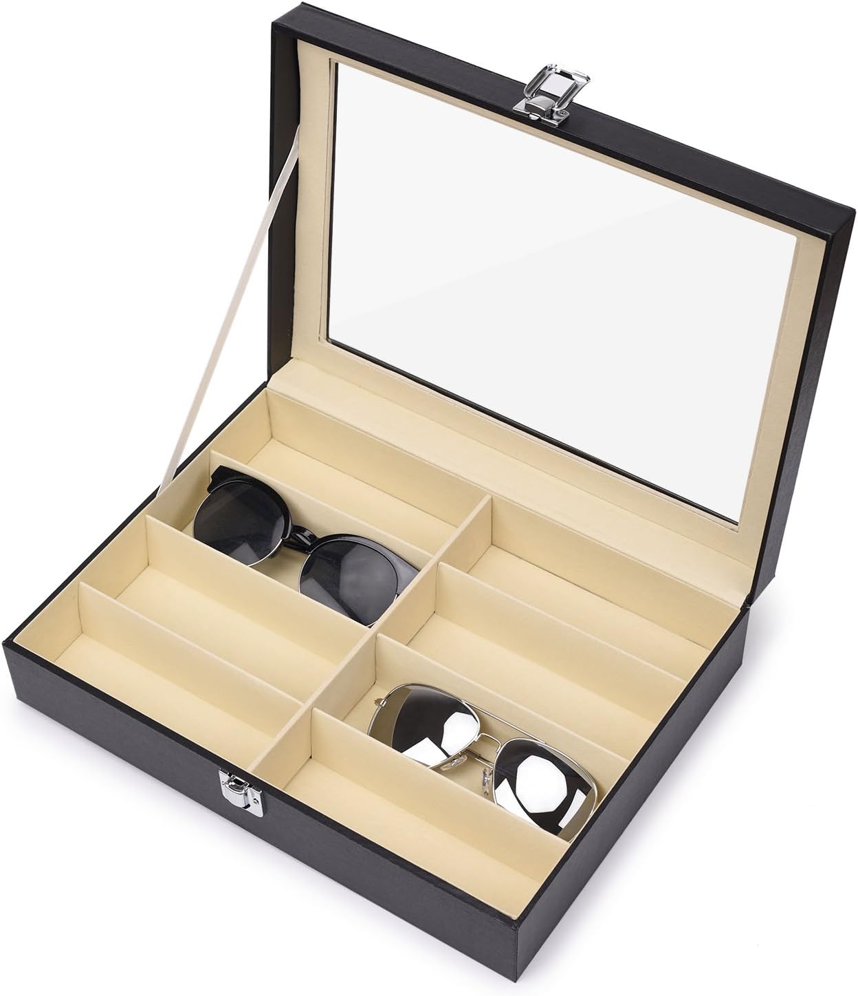 Juns Sunglasses Eyeglass Organizer, 8 Slots PU Leather Eyewear Storage Box Jewelry Display Case Watch Box with Glass Lid Black