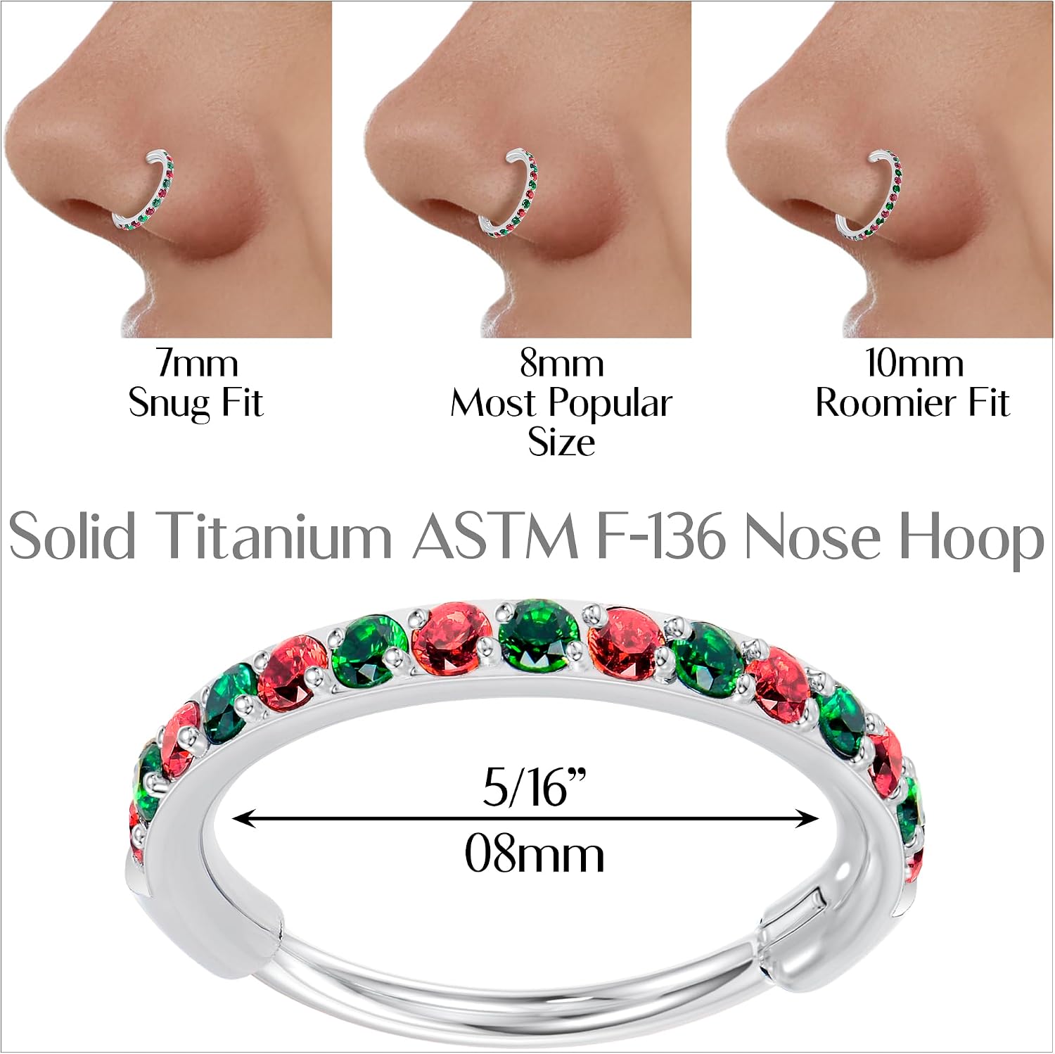 Body Candy Red Green Christmas Micro Gem Implant Grade Titanium Hinged Nose Hoop - 20G Hypoallergenic Nose Piercing Jewelry