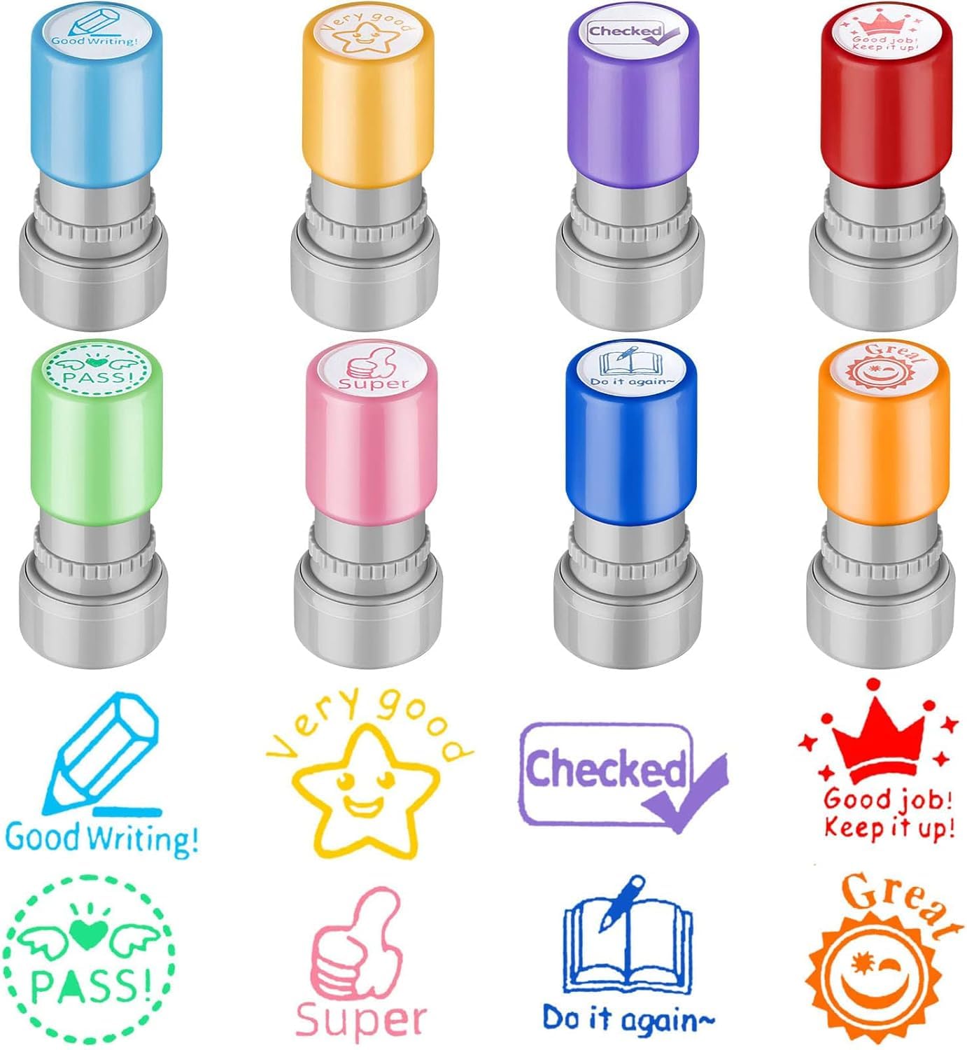 NALACAL Round Teacher Stamps for Grading, Self-Inking Rubber Stamps Mood Expressions and Comments, Colorful Motivational Encouraging Stamp Set, Teacher Review Stamp for Kids Education (8)