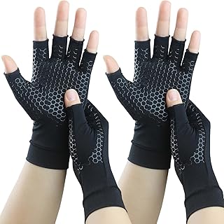 2 Pairs Copper Arthritis Pain Relief Gloves for Women Men, Compression Gloves for Arthritis Hands, Carpal Tunnel, Crocheting, Swelling, Rheumatoid, Tendonitis, Fingerless Gloves for Typing (Large)