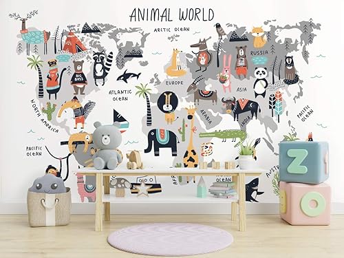 Vista 5 de Murwall Kids Wallpaper World Map Wall Mural Map Wallpaper Cartoon Animals Wall Mural Kids Room Nursery