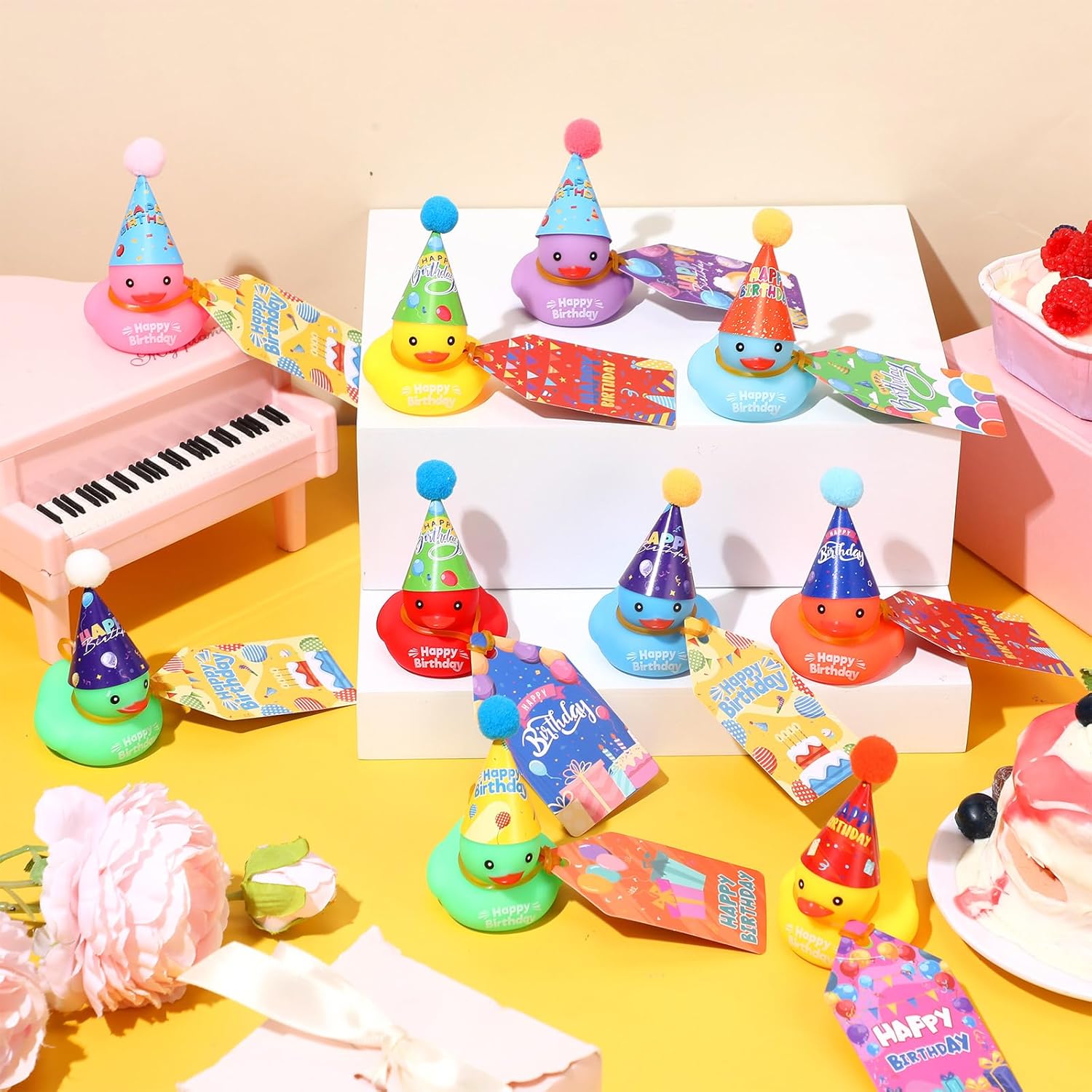 24 Pack Birthday Rubber Duck Sets DIY Birthday Classroom Gifts for Students Kids Return Gifts from Teacher Bathing Toy Party Favors Baby Shower New Year Christmas