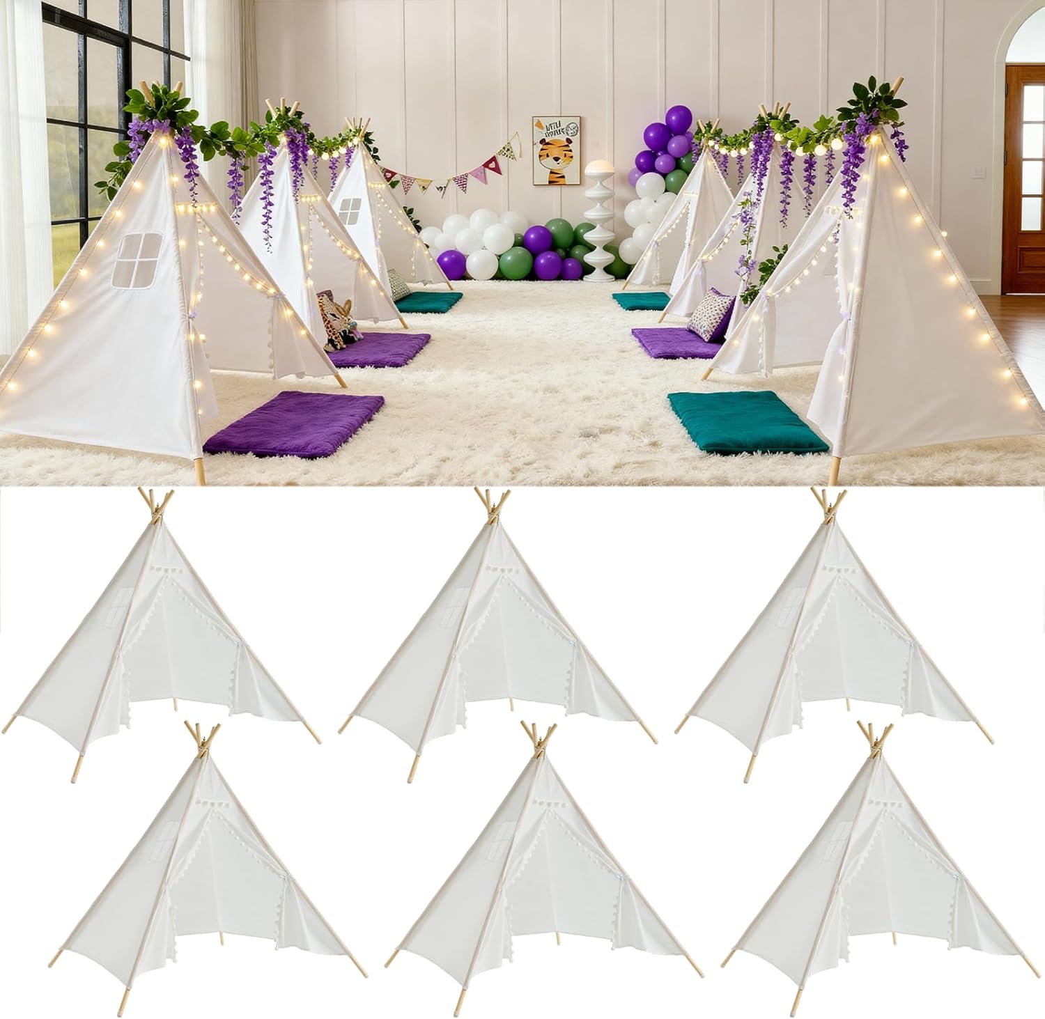 4 Pack Teepee Tent for Kids Slumber Party, Cotton Canvas Playhouse Sleepover Tent with Pompom for Girls & Boys Movie Night Holiday Party Supplies (White)