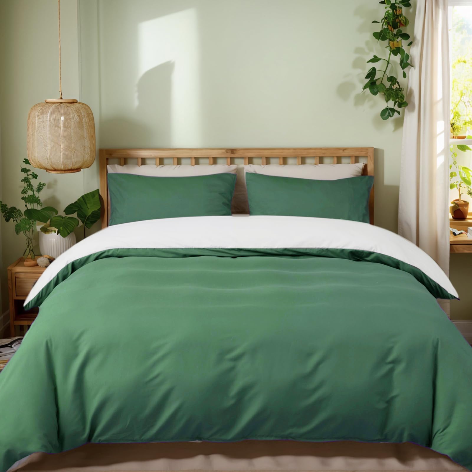 MIKI WELL Double Duvet Cover Set - 3Pcs Reversible Bedding Double Bed Set Green and White, Soft Microfiber Quilt Cover with 2 Pillowcases 50x75cm