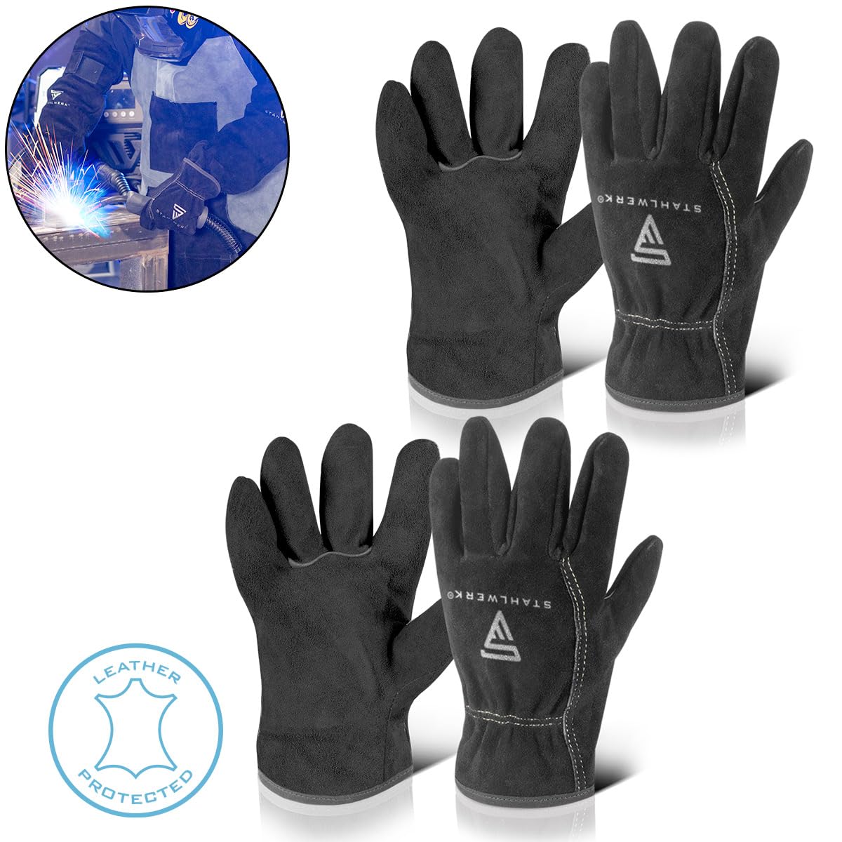STAHLWERK Lot de 2 gants de soudeur | Gants de protection contre la chaleur | Gants de travail | Gants résistants à la chaleur en croûte de cuir de qualité supérieure pour soudage et découpe au plasma