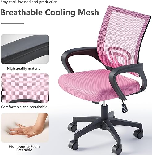 Miniatura 5 de Sillas de oficina en casa, sillas de escritorio ergonómicas de malla con respaldo medio con soporte lumbar, diseño giratorio ajustable, cómodo