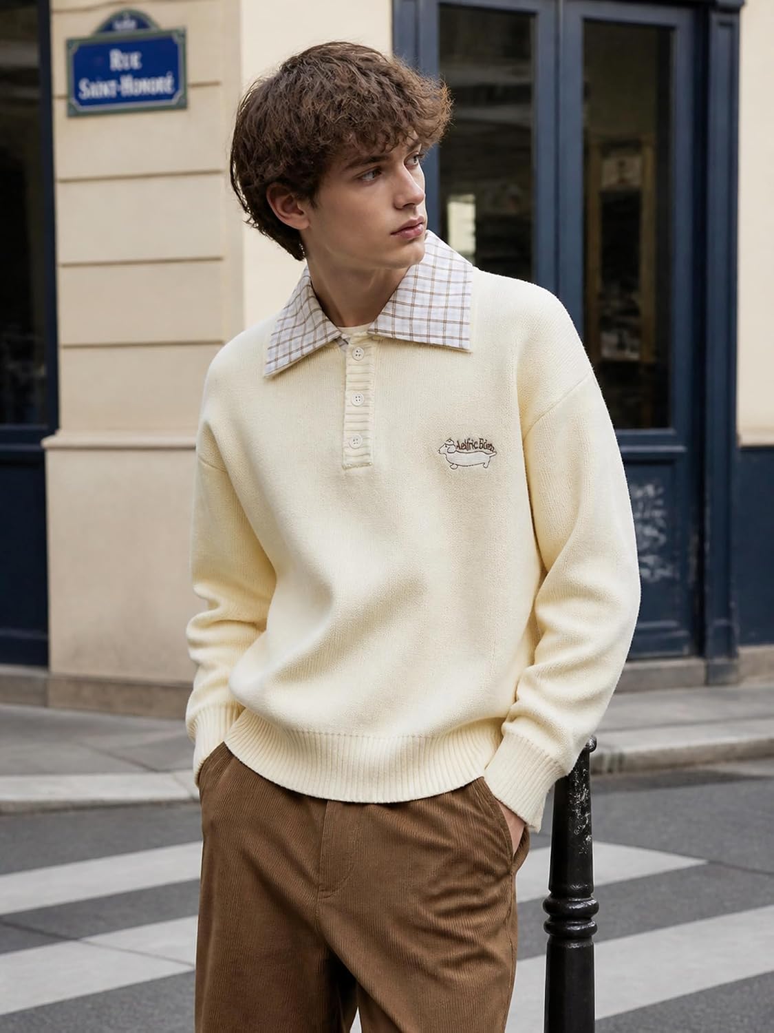 Aelfric Eden Sweaters for Men Loose Plaid Collar Cozy Knit Pullover Sweater image 2
