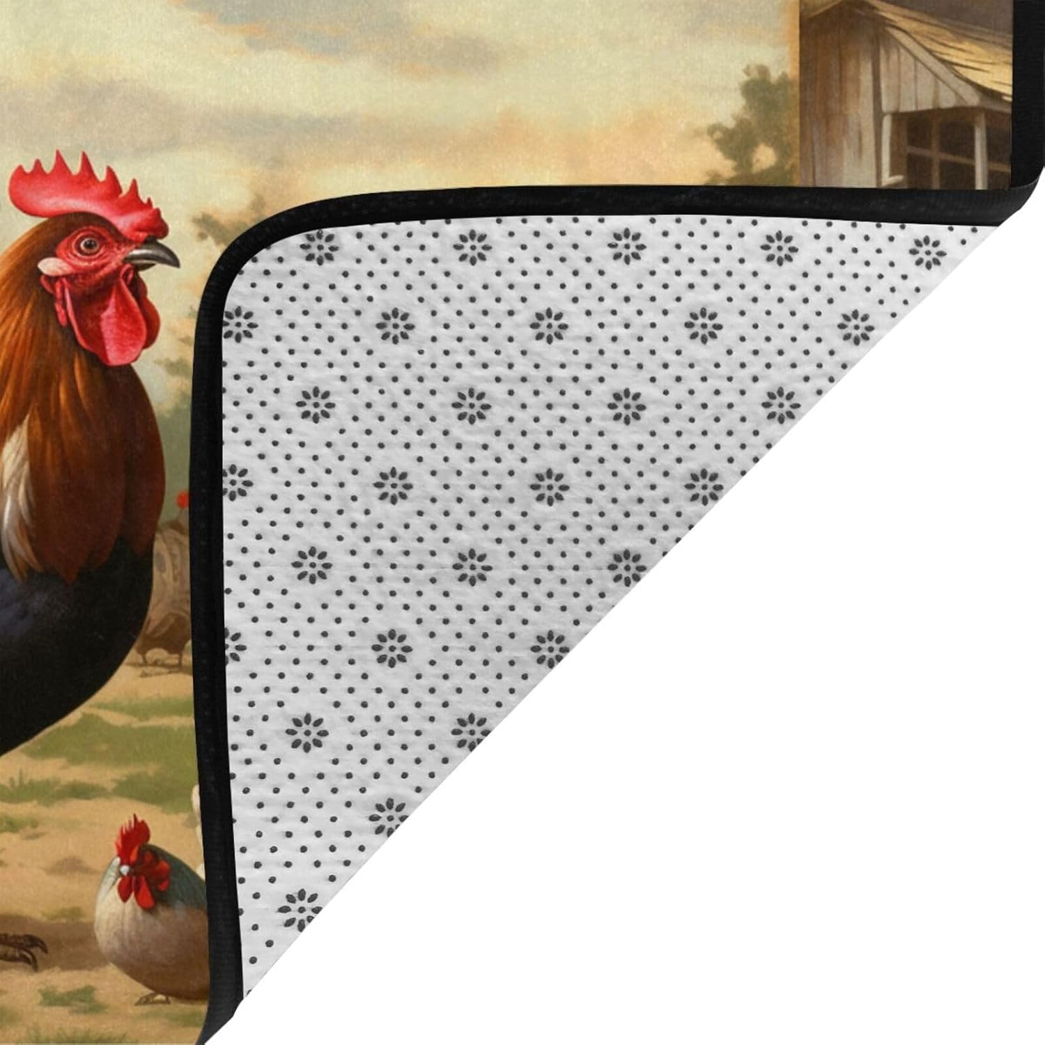 Flannel Non-Slip (Farm Print Chicken and Rooster) Rug Pad 80×50in Soft Washable Protective for Hardwood Floors Bedroom Bathroom Living Room