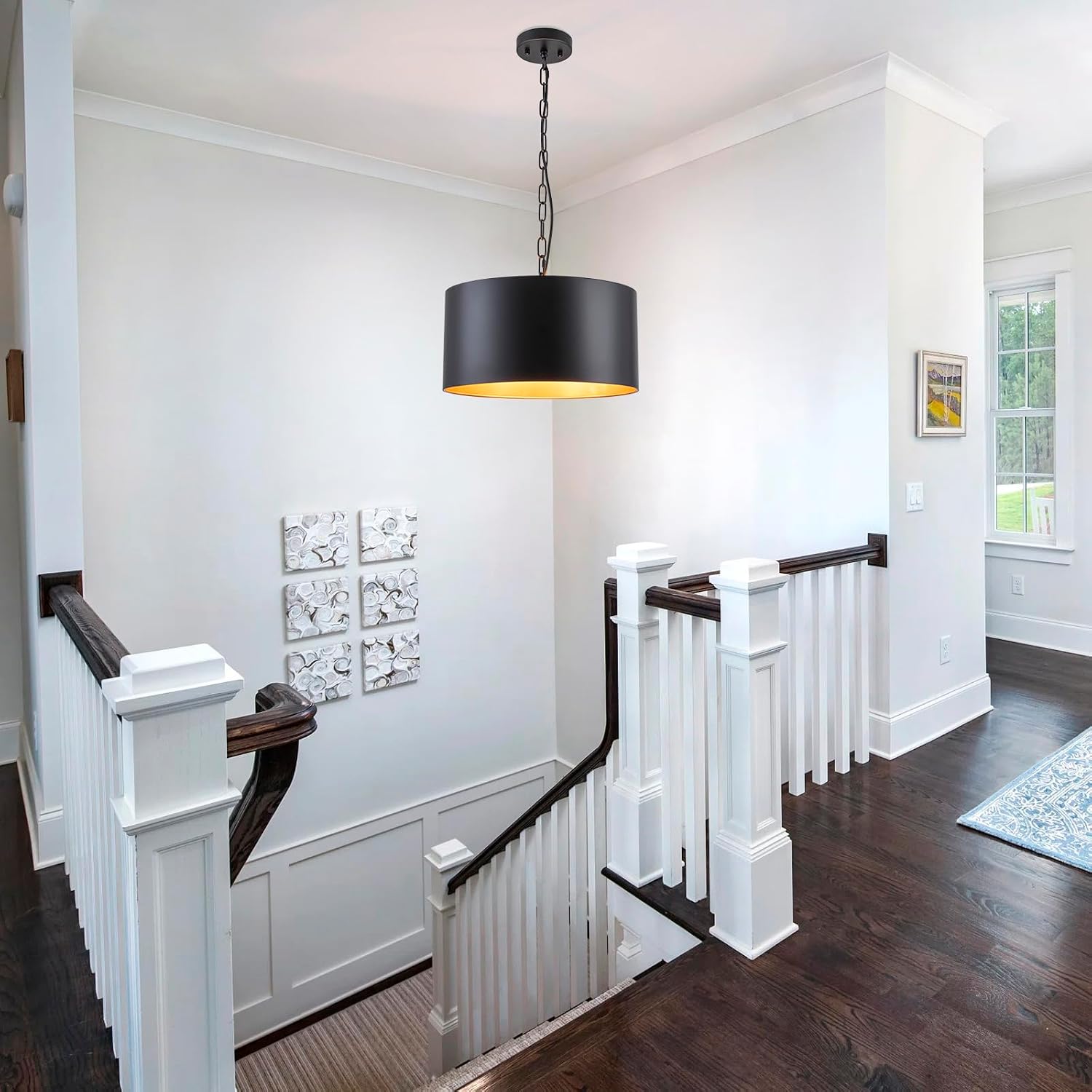 14.96" Black and Gold Drum Pendant Light with Chain,3 Light Modern Farmhouse Dining Room Light Fixtures Over Table,Industrial Metal Chandelier for Dining Room,Kitchen,Breakfast Nook,Entryway,E26 Base