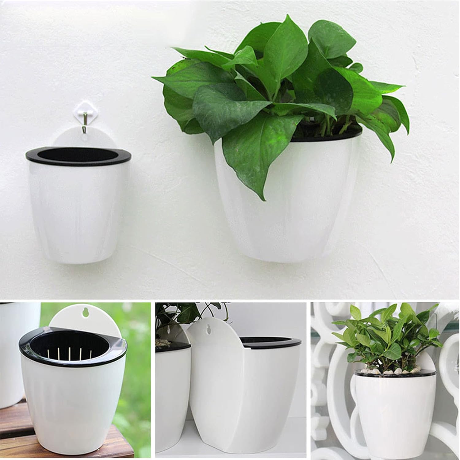 HOIGON 10 Pack 7 Inch Lazy Flower Pots, Self Watering Wall Hanging Plastic Planters with S-Hooks and Wicks, Water Hanging Plants Pot for Indoor Outdoor Orchids African Violet, White