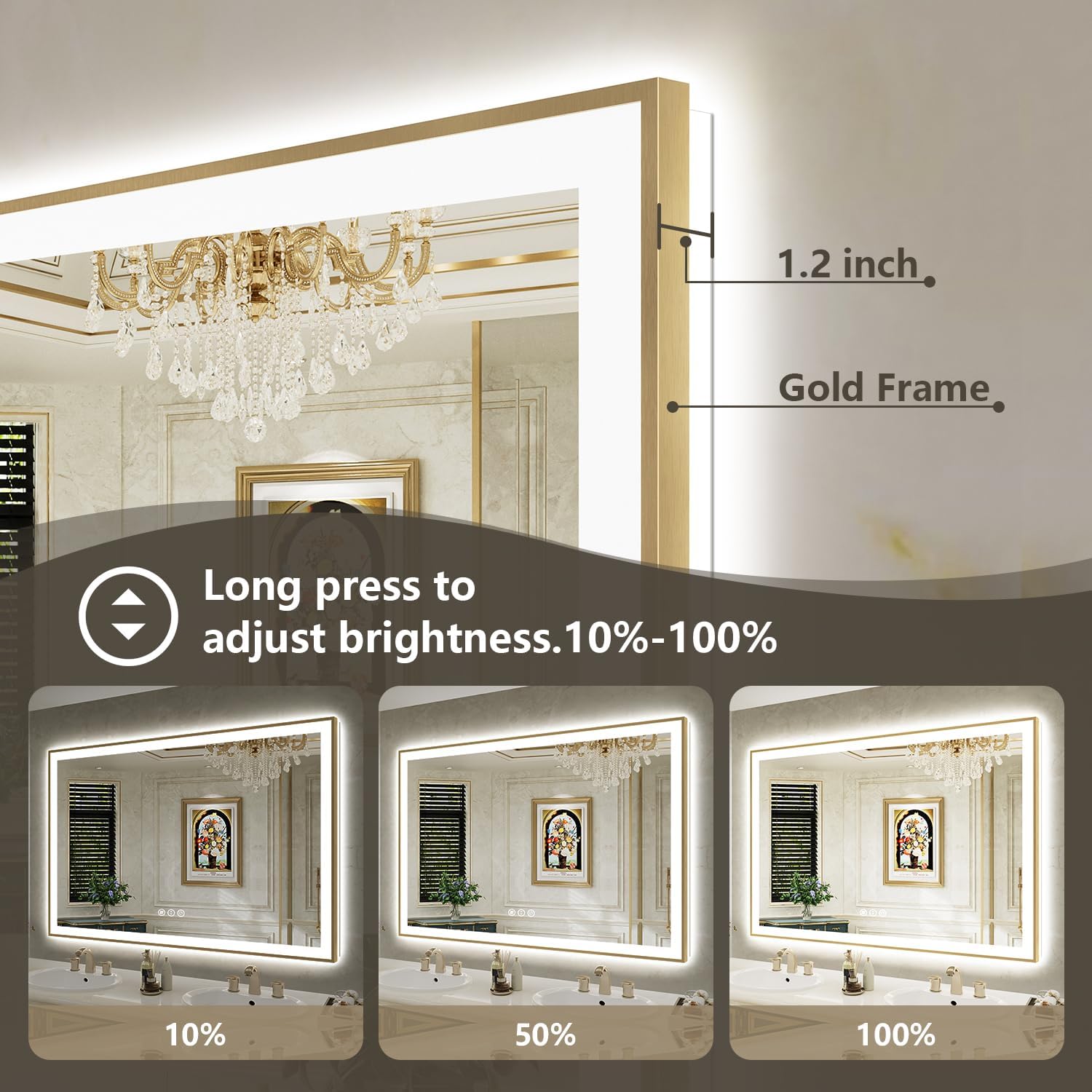 84x40 Inch LED Bathroom Mirror with Lights (Front Lit and Backlit) Gold Framed Lighted Vanity Mirror for Bathroom Wall Dimmable Anti-Fog Memory Tempered Glass Horizontal/Vertical