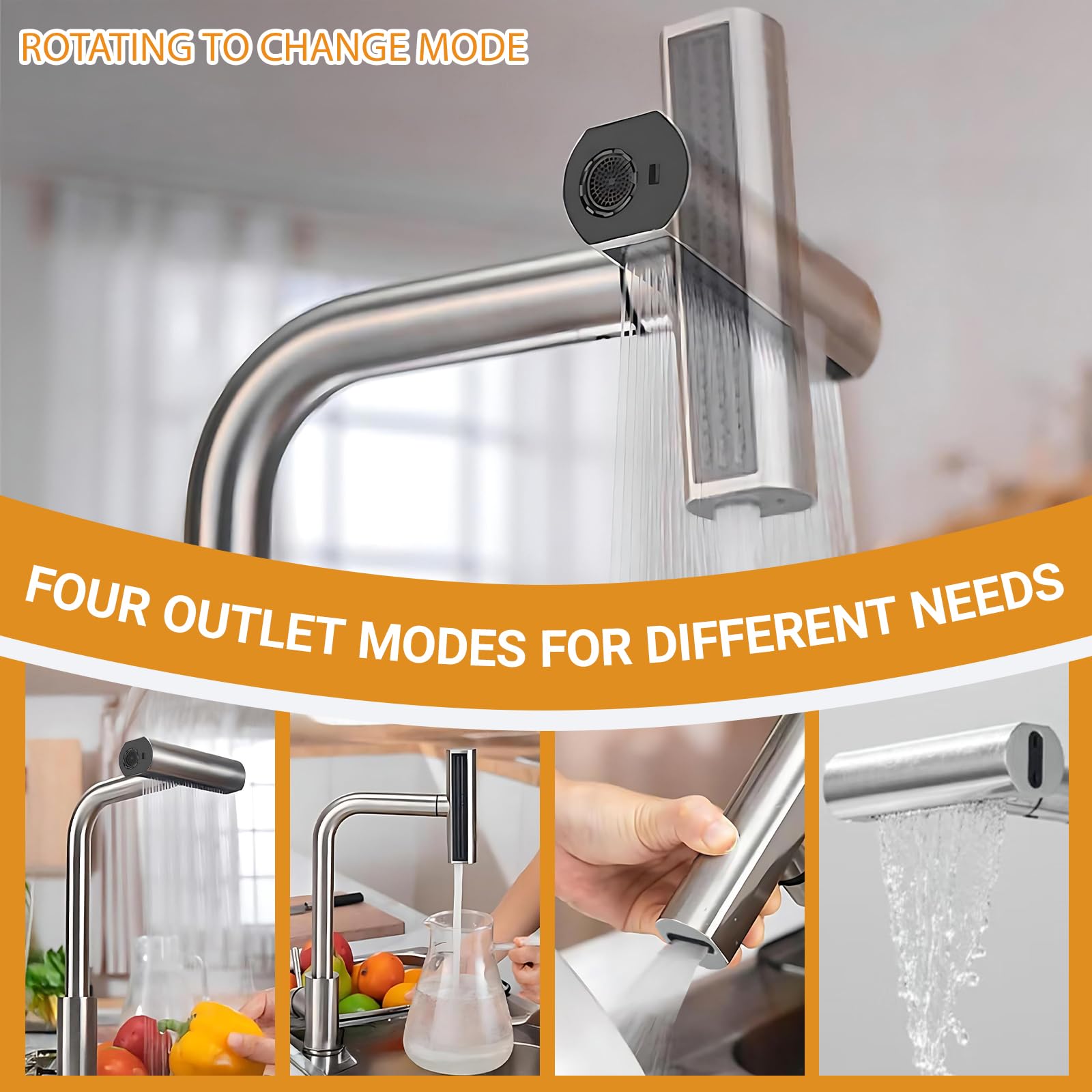 Grifo de Cocina con Cascada, Grifo Giratorio de Acero Inoxidable con 4 Modos de Chorro Boquilla ExtraíBle y Mezclador Monomando para Cocinas Moderna
