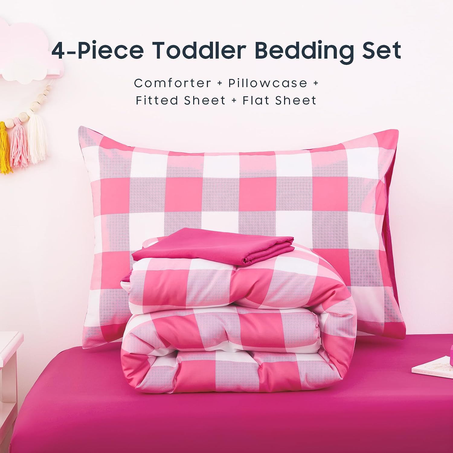 Wake In Cloud - Gingham Toddler Bedding Set for Girls Boys, Cute Plaid Buffalo Check, 4 Pieces Soft Crib Bed Set Including Comforter, Sheets and Pillowcase, Hot Pink