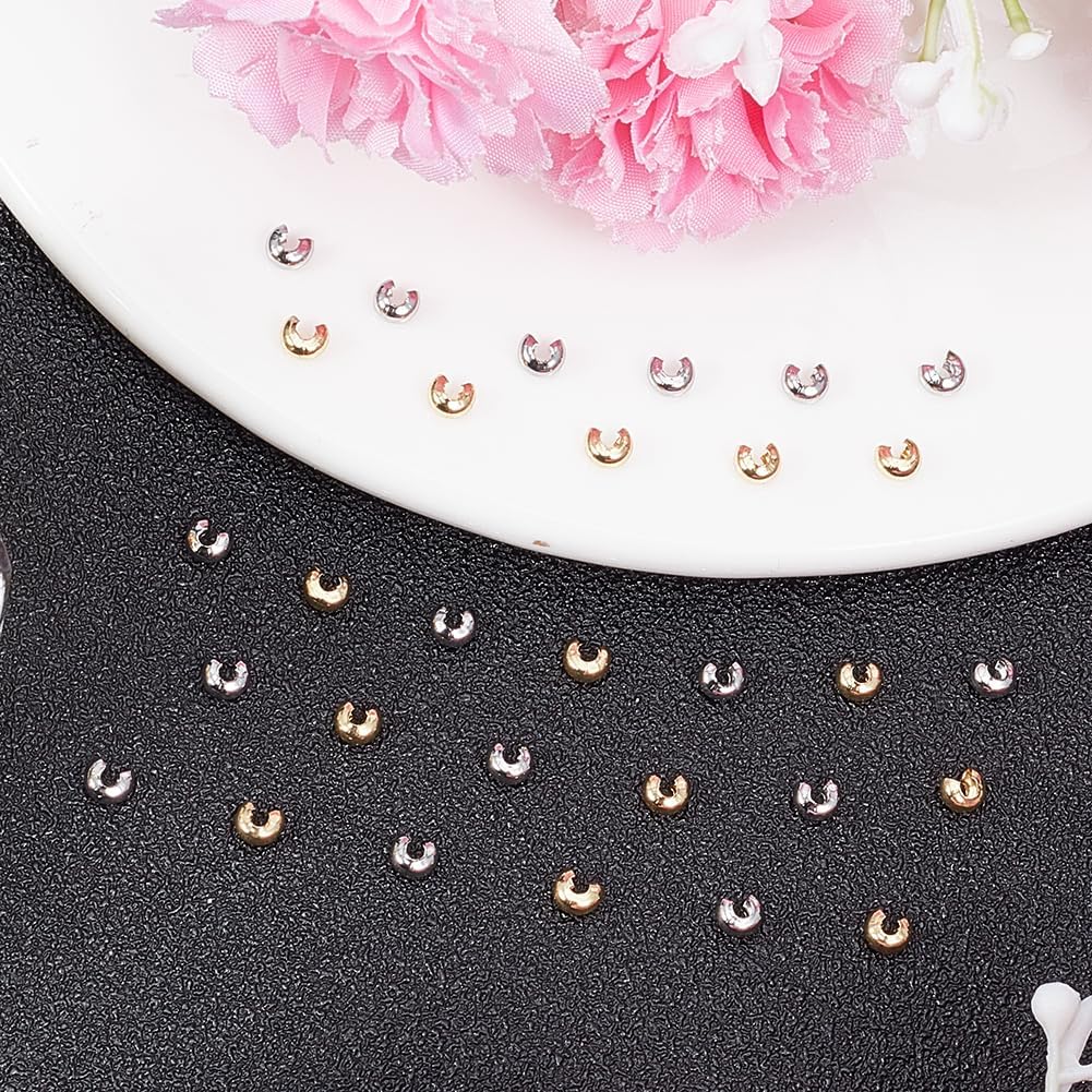 Beebeecraft 160Pcs 2 Colors Crimp Bead Covers 18K Gold Plated 304 Stainless Steel Crimping Bead Knot Covers C Shaped Half Open Caps Findings for Jewelry Making Supplies DIY Crafts