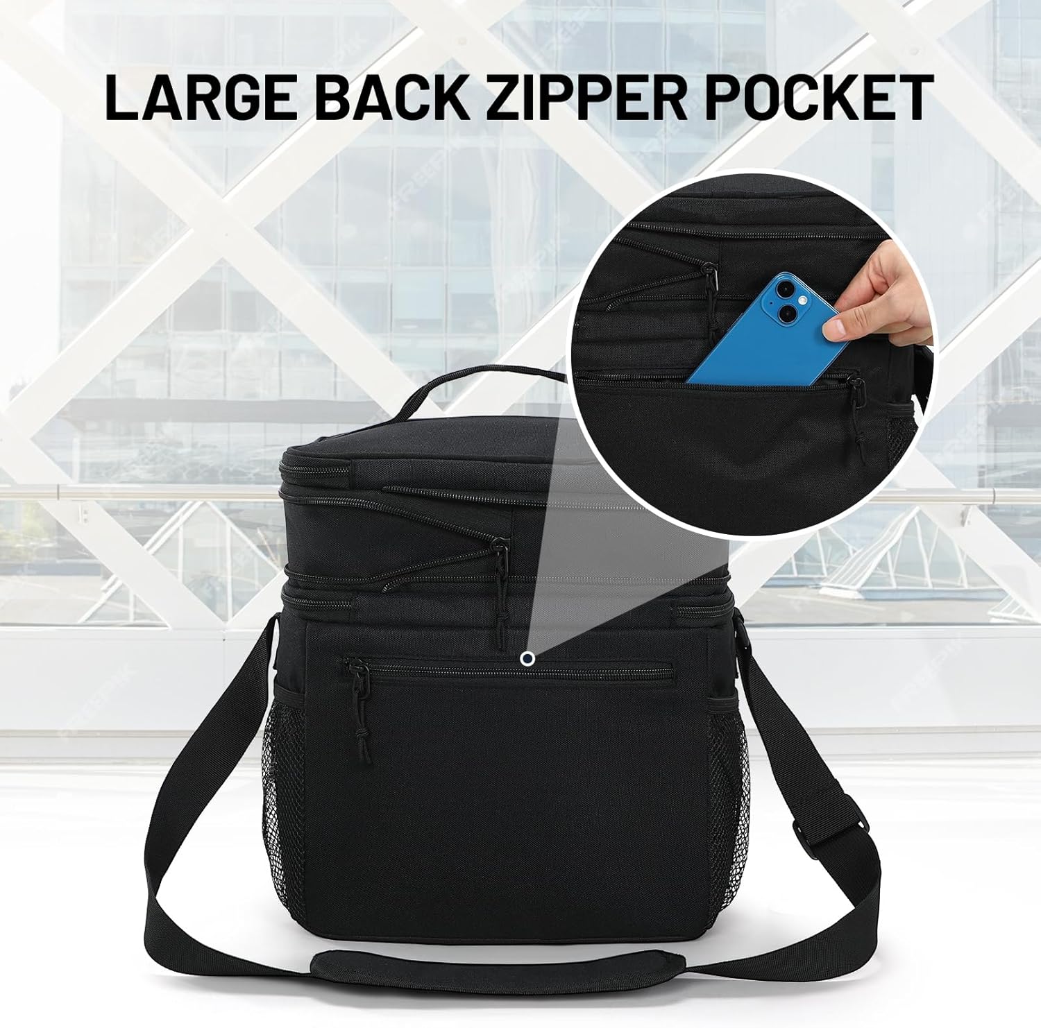 MIER Lunch Box for Men Expandable Insulated Dual Compartment Lunch Bag Leakproof Cooler Bag with Front and Back Pockets for Adult Work Travel Picnic Beach, Black
