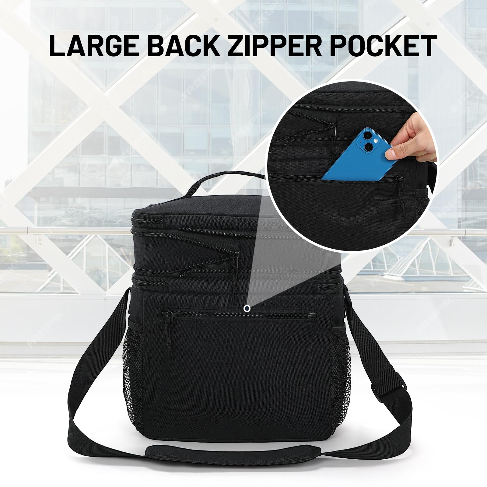 MIER Boîte à déjeuner extensible à double compartiment isotherme étanche avec poches avant et arrière pour adulte, travail, voyage, pique-nique, plage, noir