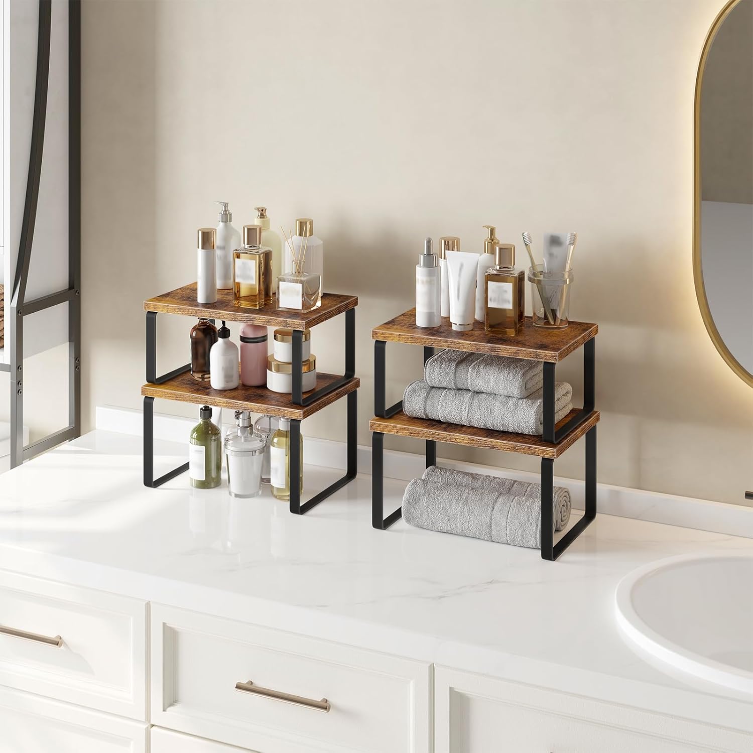 HOOBRO Cabinet Organizer Shelf, Set of 4, Kitchen Countertop Organizer, Kitchen Countertop Shelf, Spice Rack for Counter, Stackable, Expandable for Cabinet, Kitchen, Rustic Brown and Black BF33TLP201