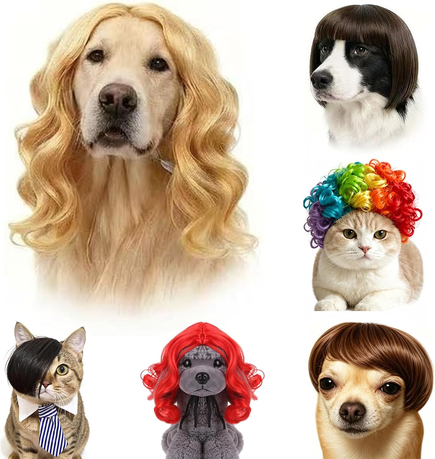 6 Pack Funny Cat and Dog and Goose Wigs (Colorful) | Soft Pet Cosplay Costume, Adjustable Straps, Halloween Christmas Party Dress-Up, Ideal Gift for Pet Lovers